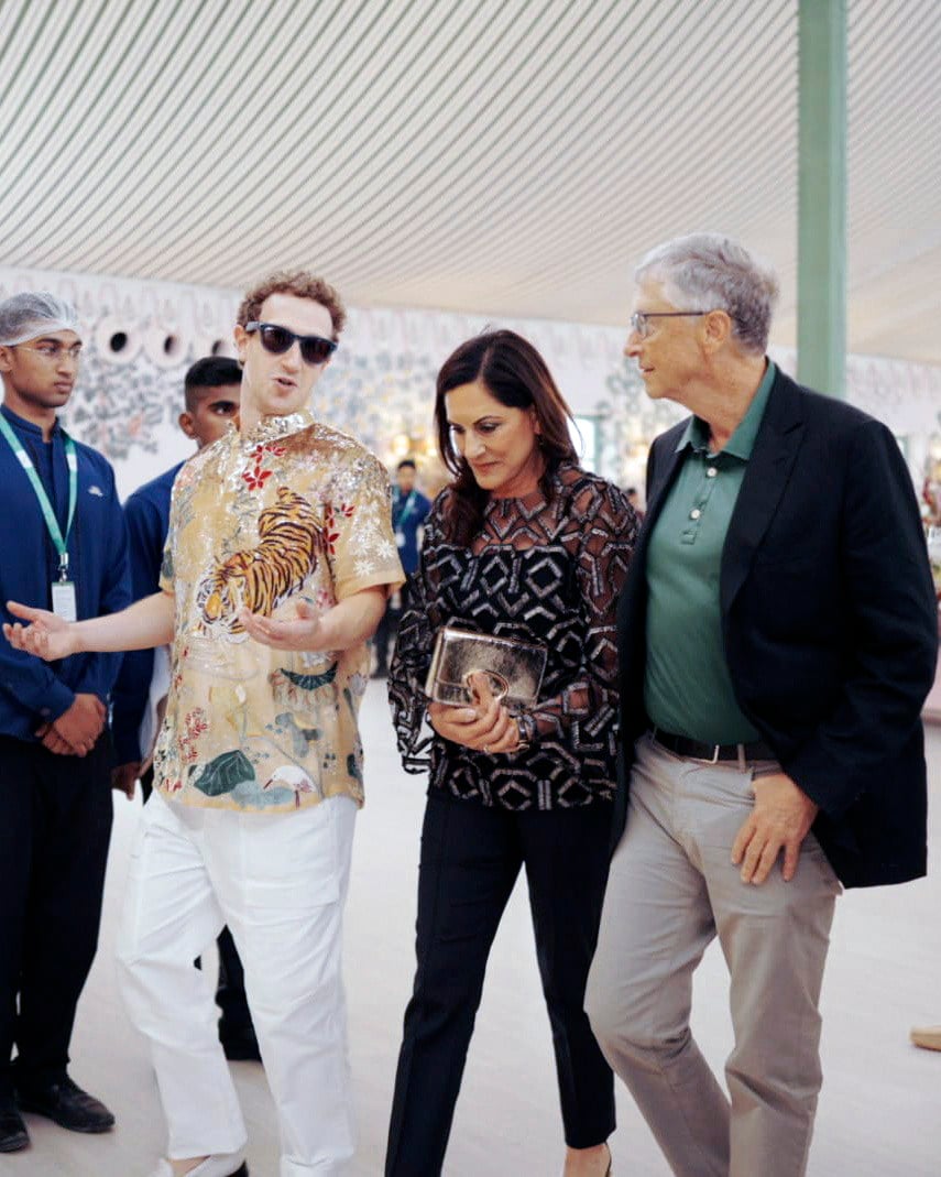 Mark Zuckerberg talks to Paula Hurd and Bill Gates at a pre-wedding bash for billionaire Mukesh Ambani’s son in Jamnagar, India, on March 2. Some three-quarters of the world’s wealth today is owned by just one-tenth of the population. Photo: Reliance Industries via AP