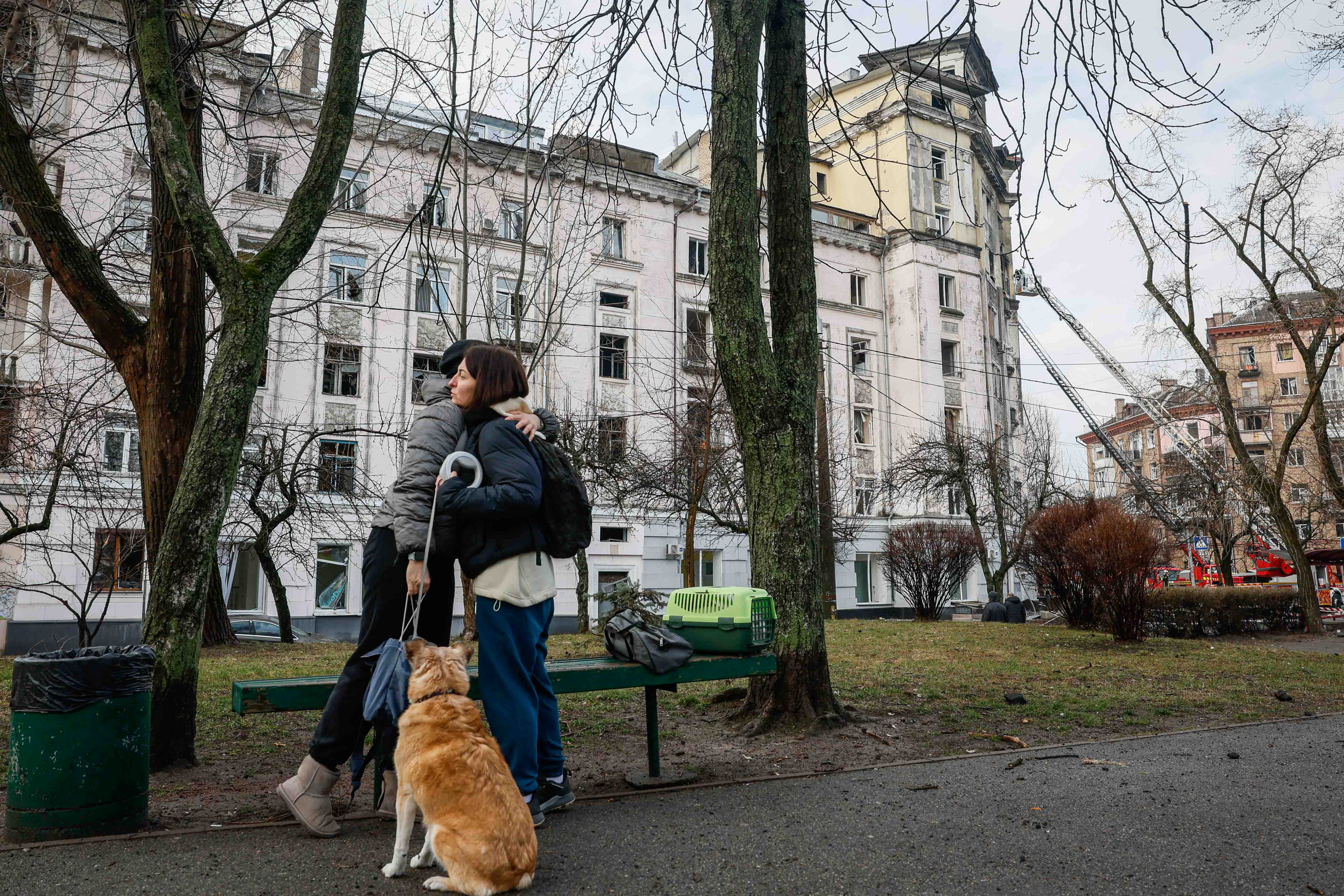 Women hug each other in front of a building in Kyiv, damaged during a Russian missile strike. Martial law prohibits most men of military age from leaving the country, creating a need and space for female tech entrepreneurs at home and abroad. Photo: Reuters
