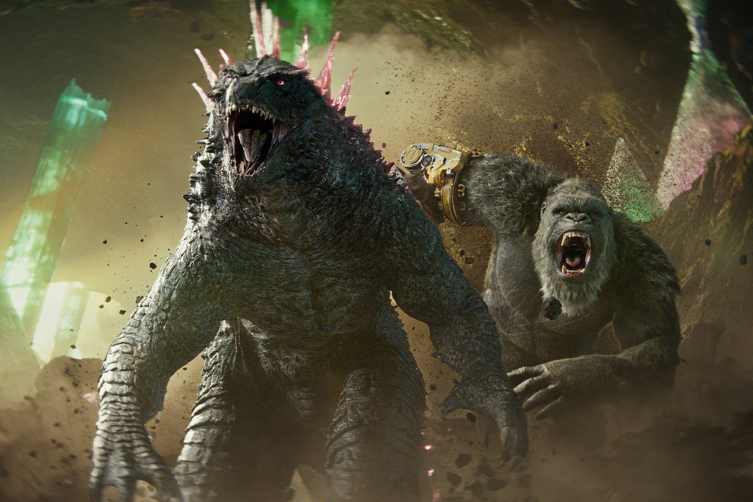 Godzilla, left, and Kong in a scene from Godzilla x Kong: The New Empire. The titans are the stars of the movie, not the human actors, say cast members. They describe how they approached their roles in the film. Photo: AP
