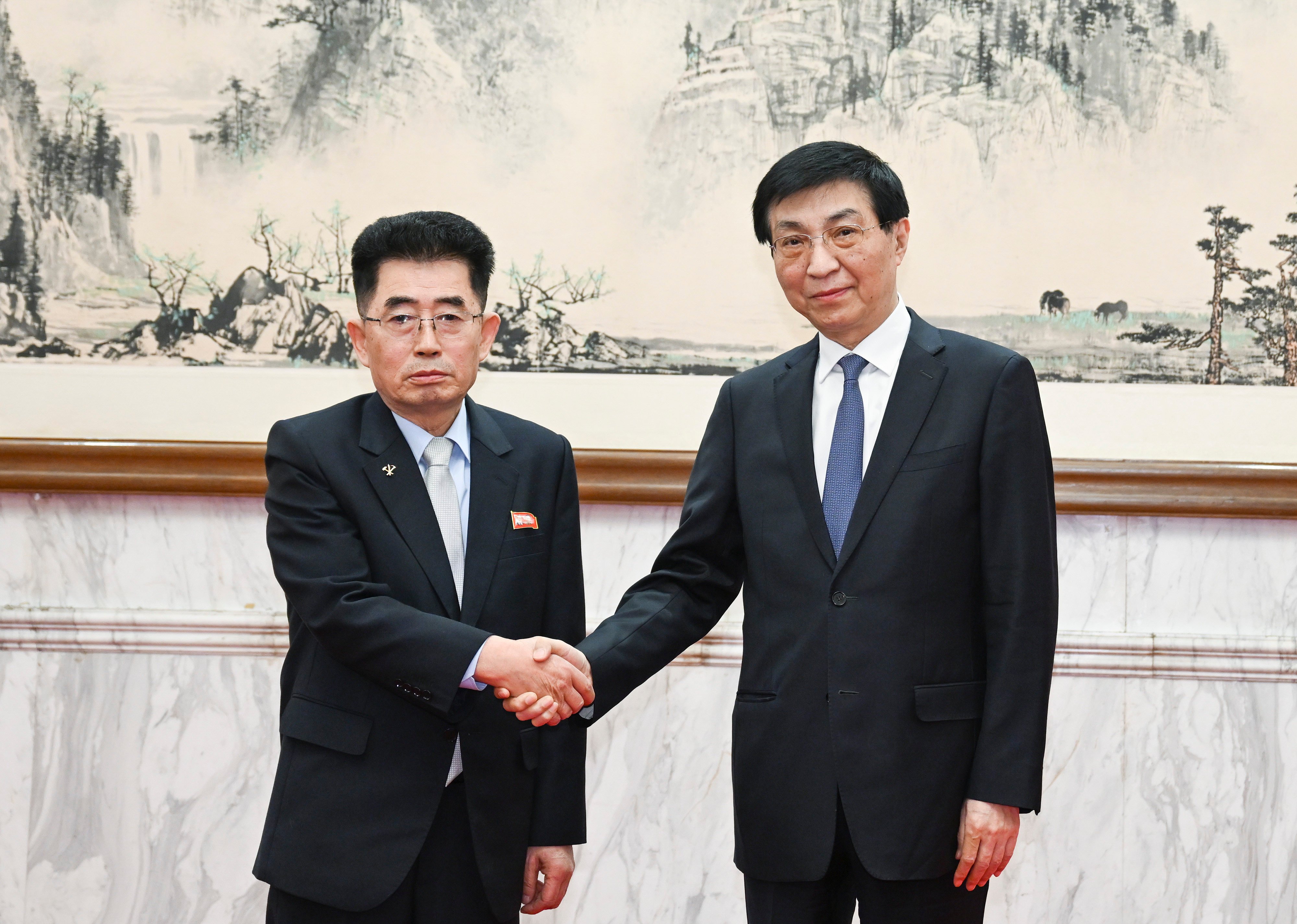 Wang Huning (right), who heads China’s top political advisory body, meets Kim Song-nam, director of the international department of the Workers’ Party of Korea, in Beijing on Thursday. Photo: Xinhua