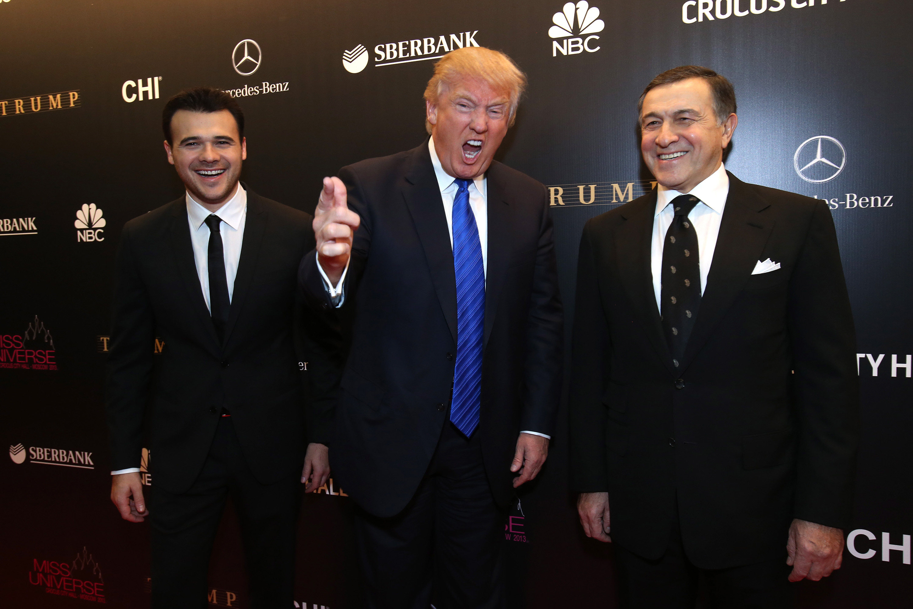From left, Crocus Group vice-president Emin Agalarov, Donald Trump and Crocus Group president Aras Agalarov at the Miss Universe 2013 Pageant finale at Crocus Town Hall in Moscow on November 9, 2013. Photo: TASS / Zuma Press / TNS
