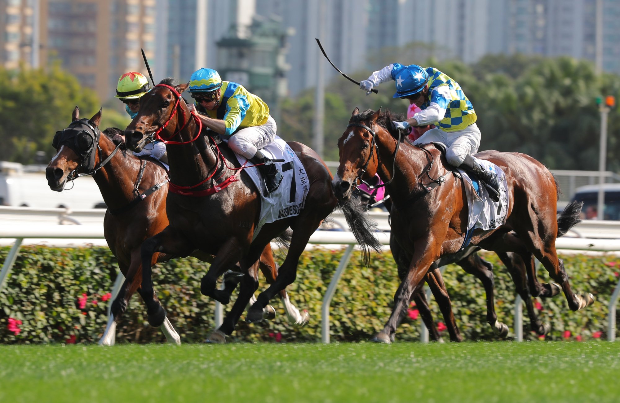 Massive Sovereign (centre) defies Galaxy Patch (outside) and Ka Ying Generation in the Hong Kong Derby.