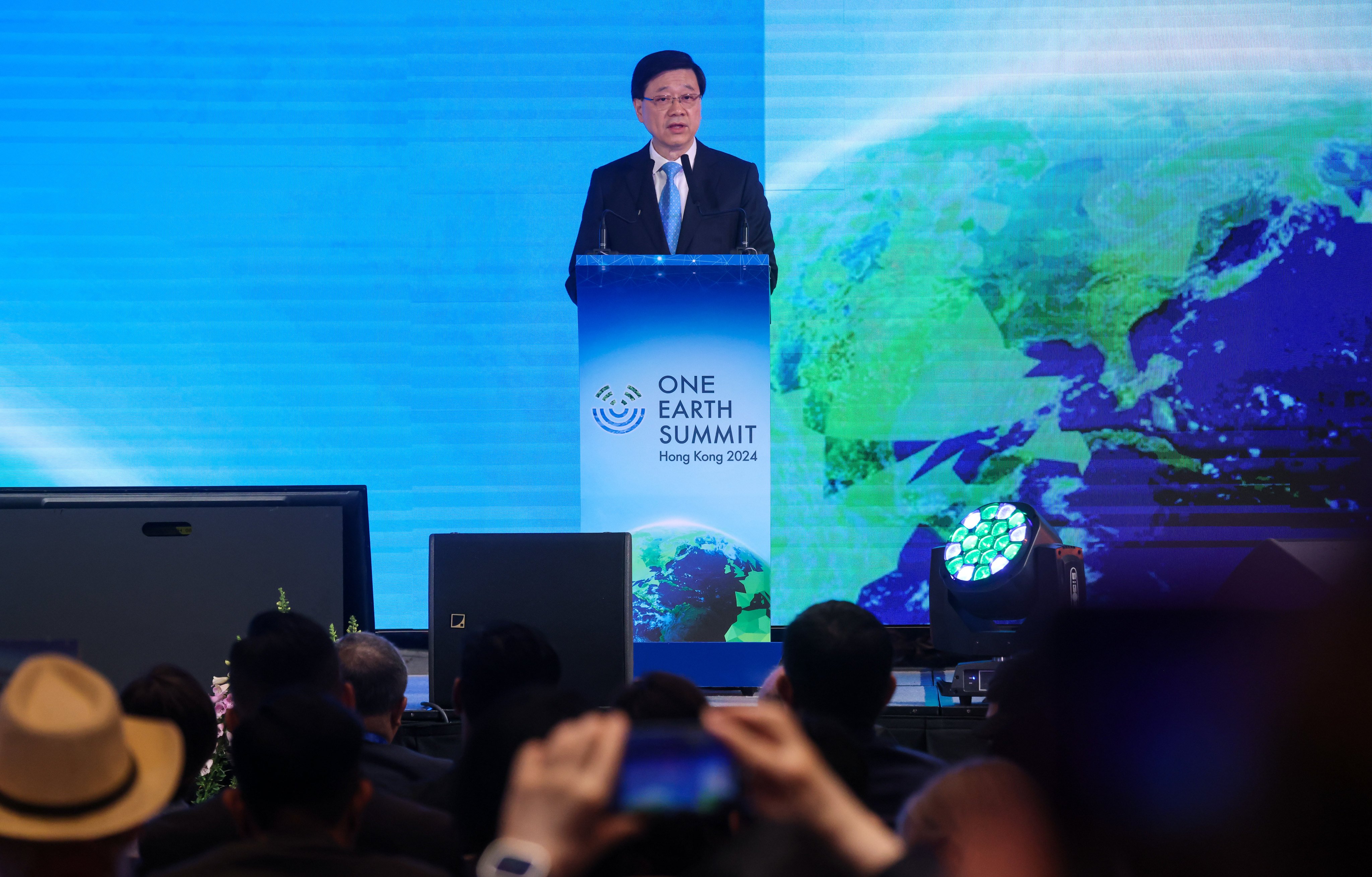 Chief Executive John Lee Ka-chiu speaks at the inaugural One Earth Summit at Regala Skycity Hotel in Hong Kong on March 25, 2024. Photo: Jonathan Wong