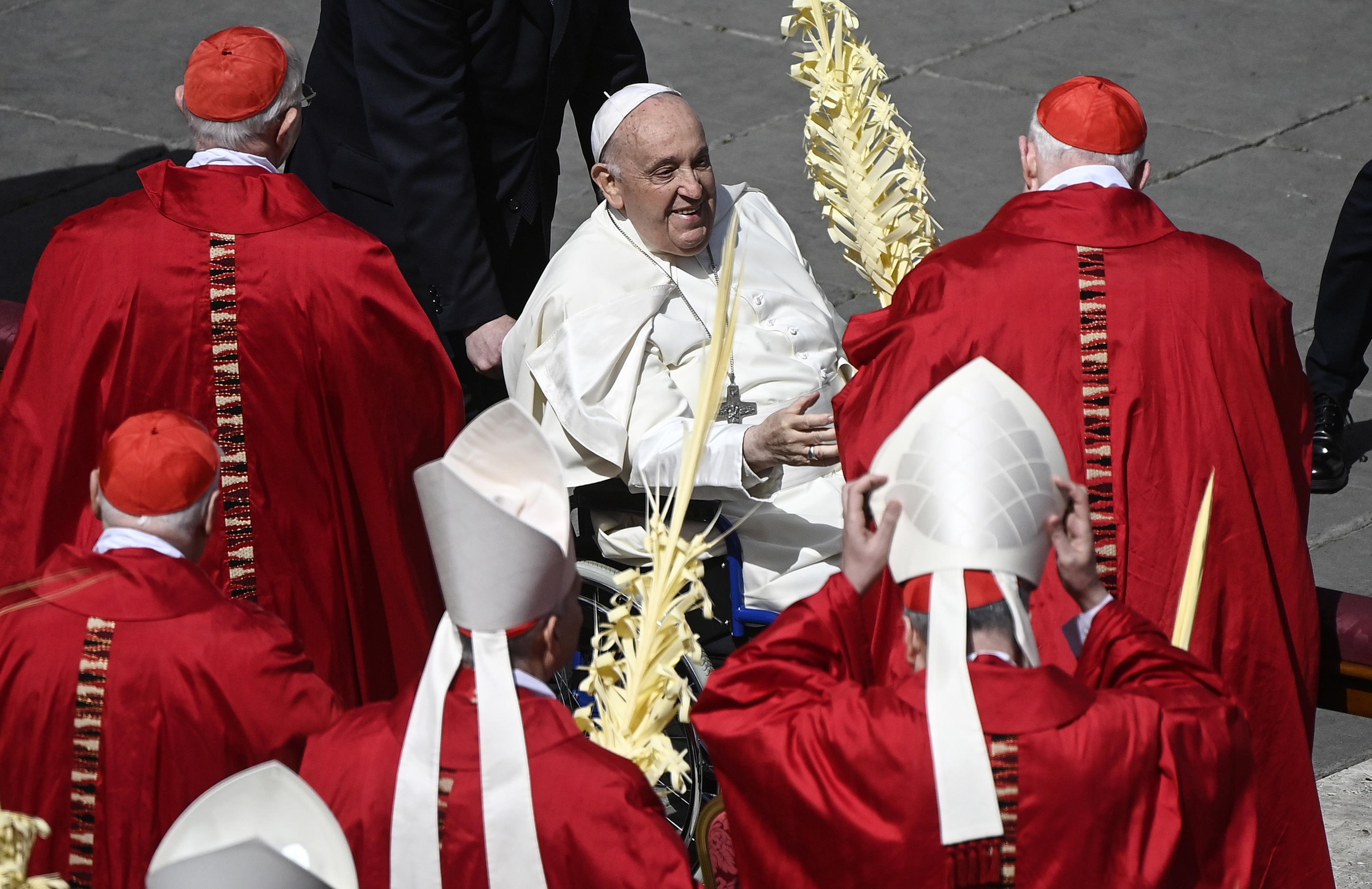 Pope Francis greets cardinals in Saint Peter’s Square, Vatican City, Rome on Palm Sunday. Photo: EPA-EFE