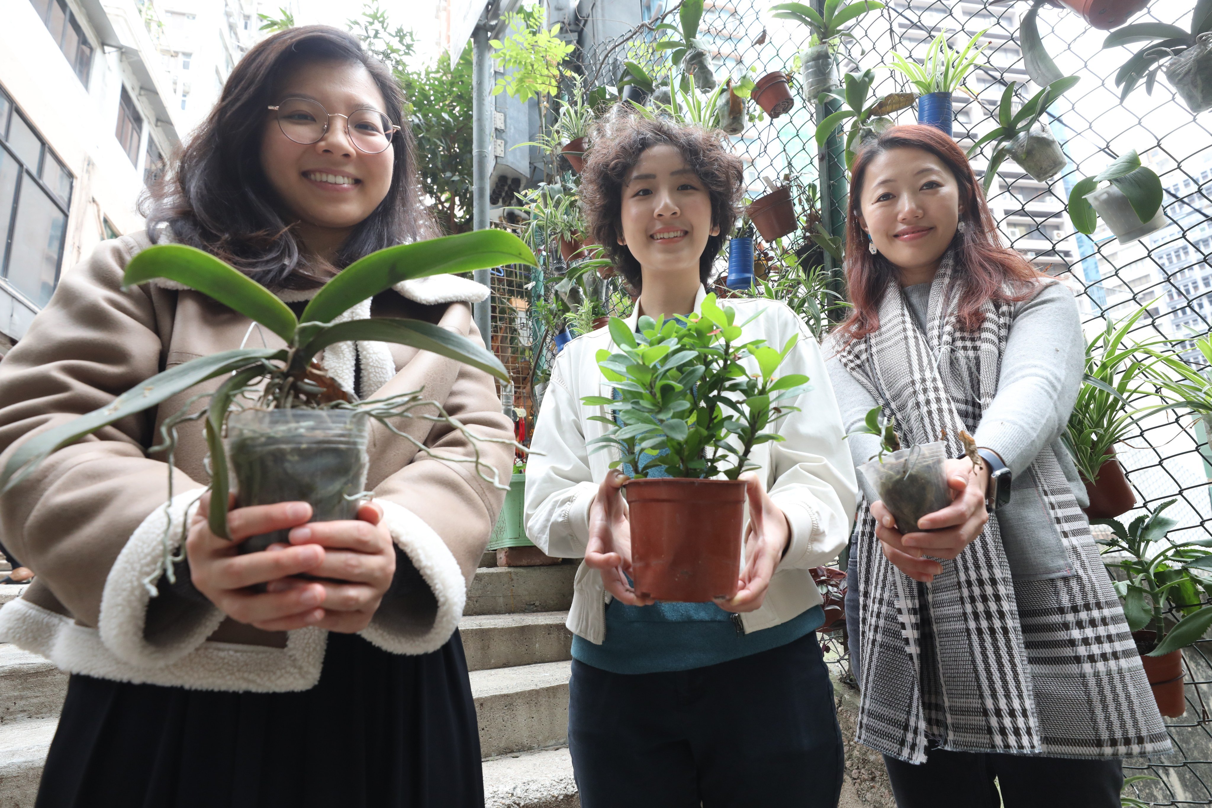 Catherine Chao (from left), Chloe Ting and Sarah Mui are urban designers who worked on the Community Plant Library by One Bite Social. Photo: Sun Yeung