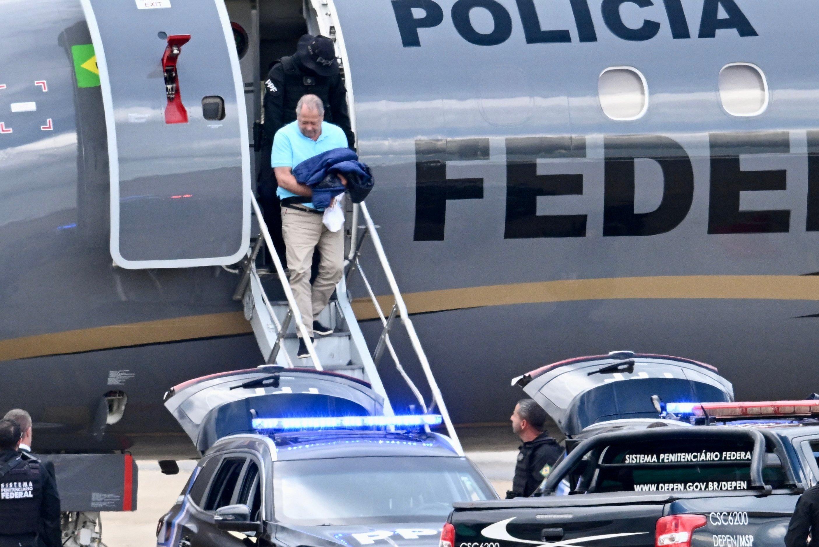 Federal deputy Joao Chiquinho Brazao arrives in Brasilia on Sunday after being arrested in Rio de Janeiro, Brazil. Photo: AFP