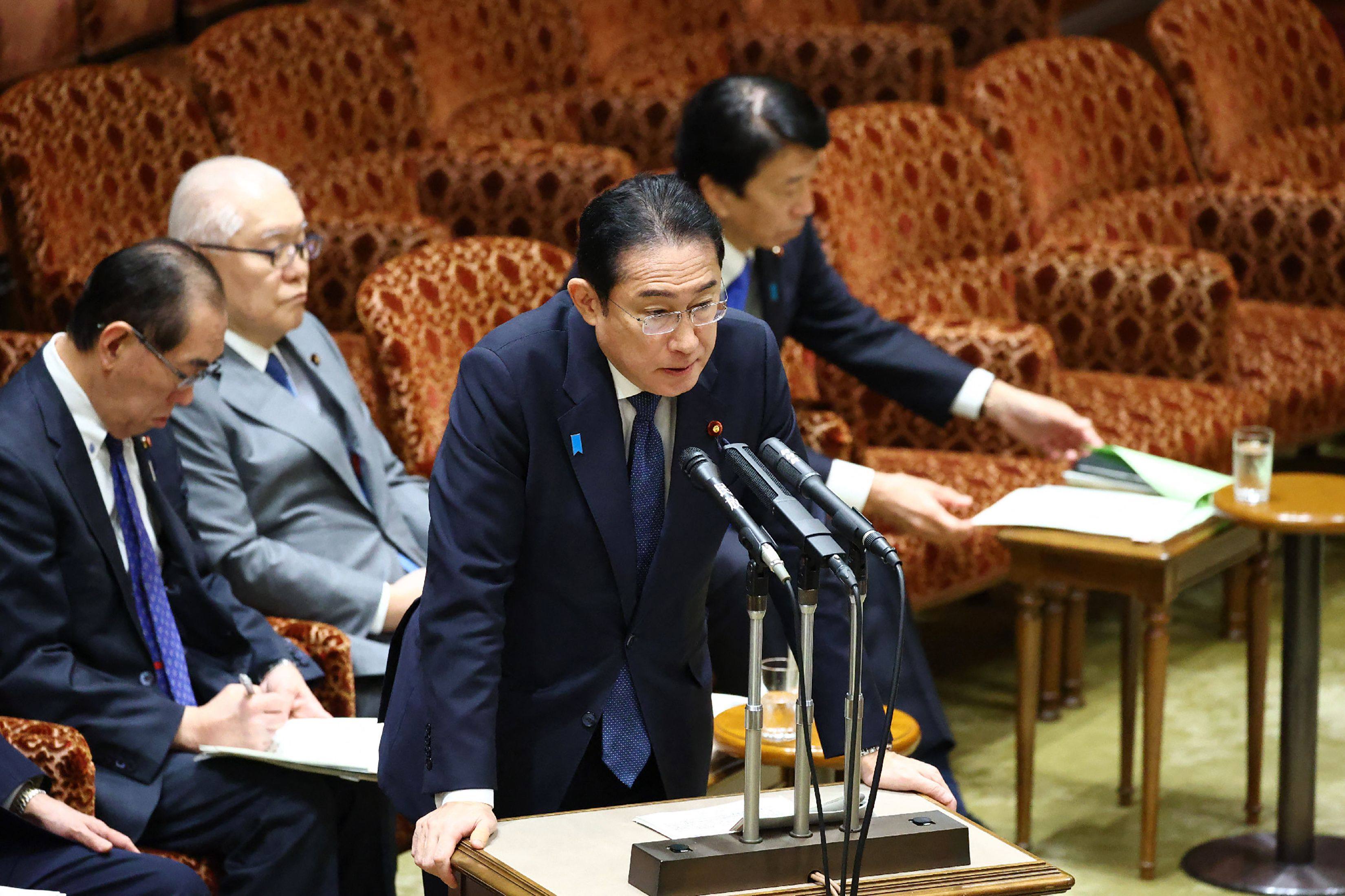 Japan’s Prime Minister Fumio Kishida speaks during a House of Councillors budget committee meeting inside the parliament in Tokyo on Monday. Kishida said his government has lobbied for a possible summit meeting with the North Korean leader. Photo: AFP