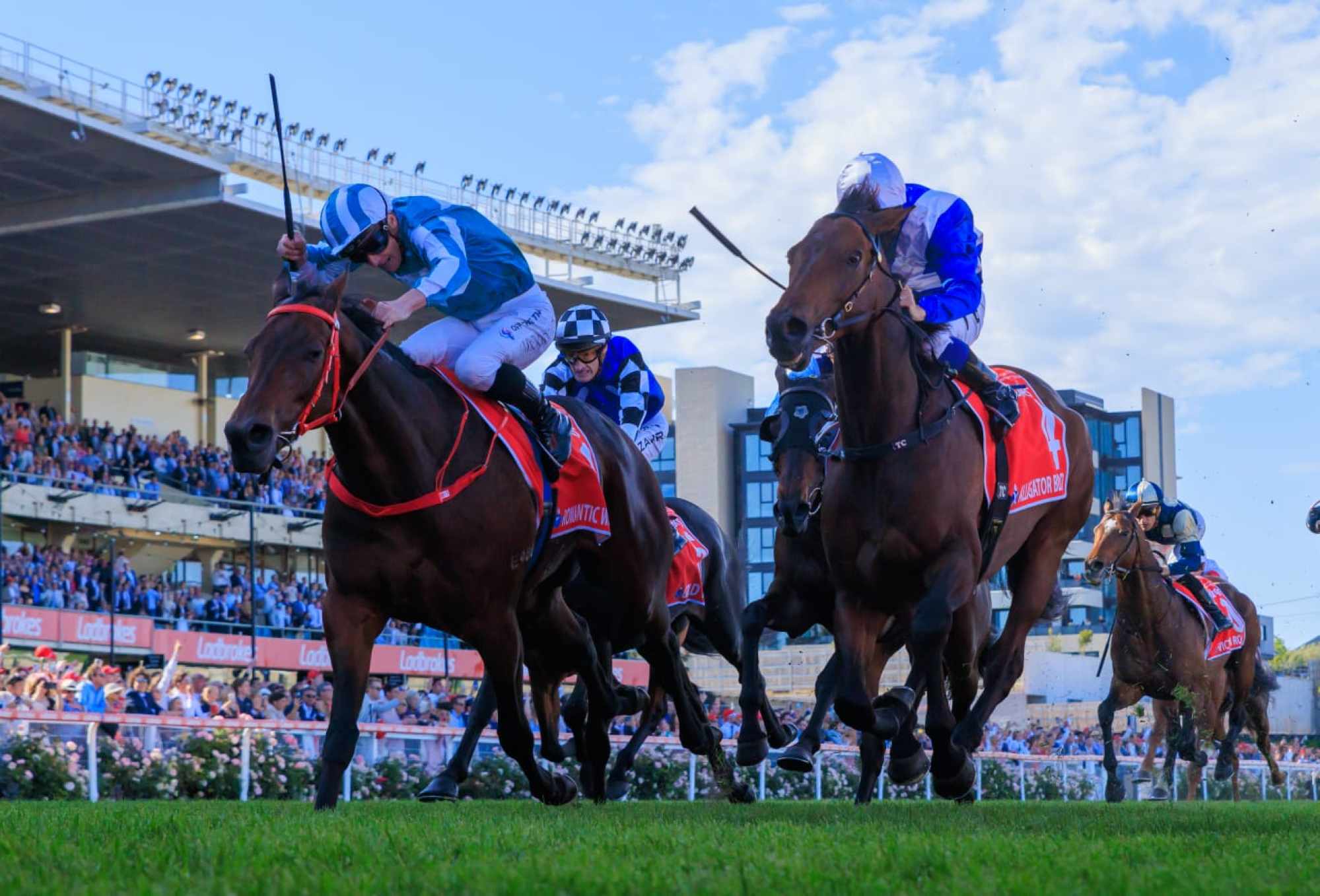 Romantic Warrior (left) wins October’s Group One Cox Plate (2,040m) at Moonee Valley.