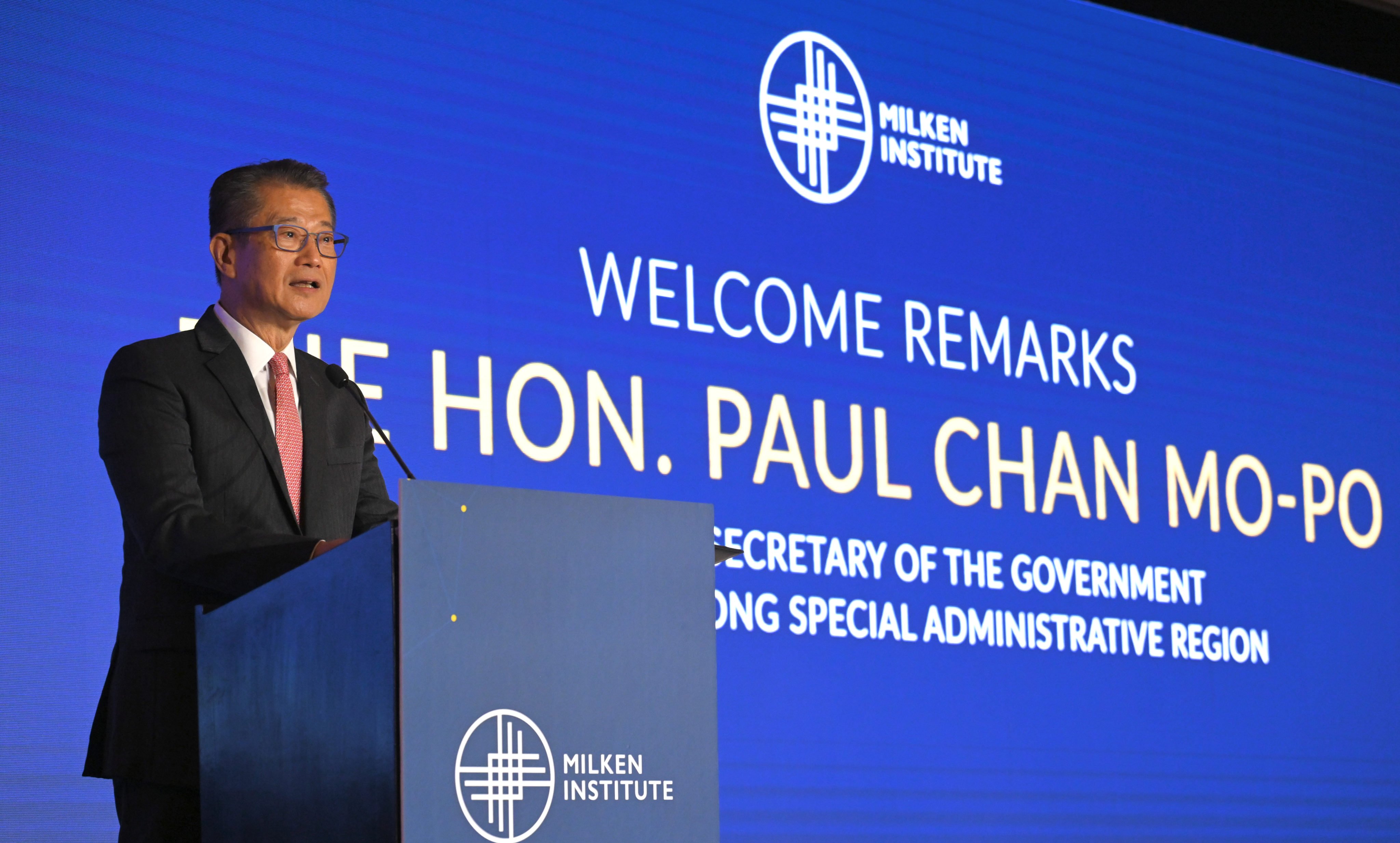 Financial Secretary Paul Chan attends the Milken Institute’s Global Investors’ Symposium in Hong Kong on March 26, 2024. Photo: SCMP