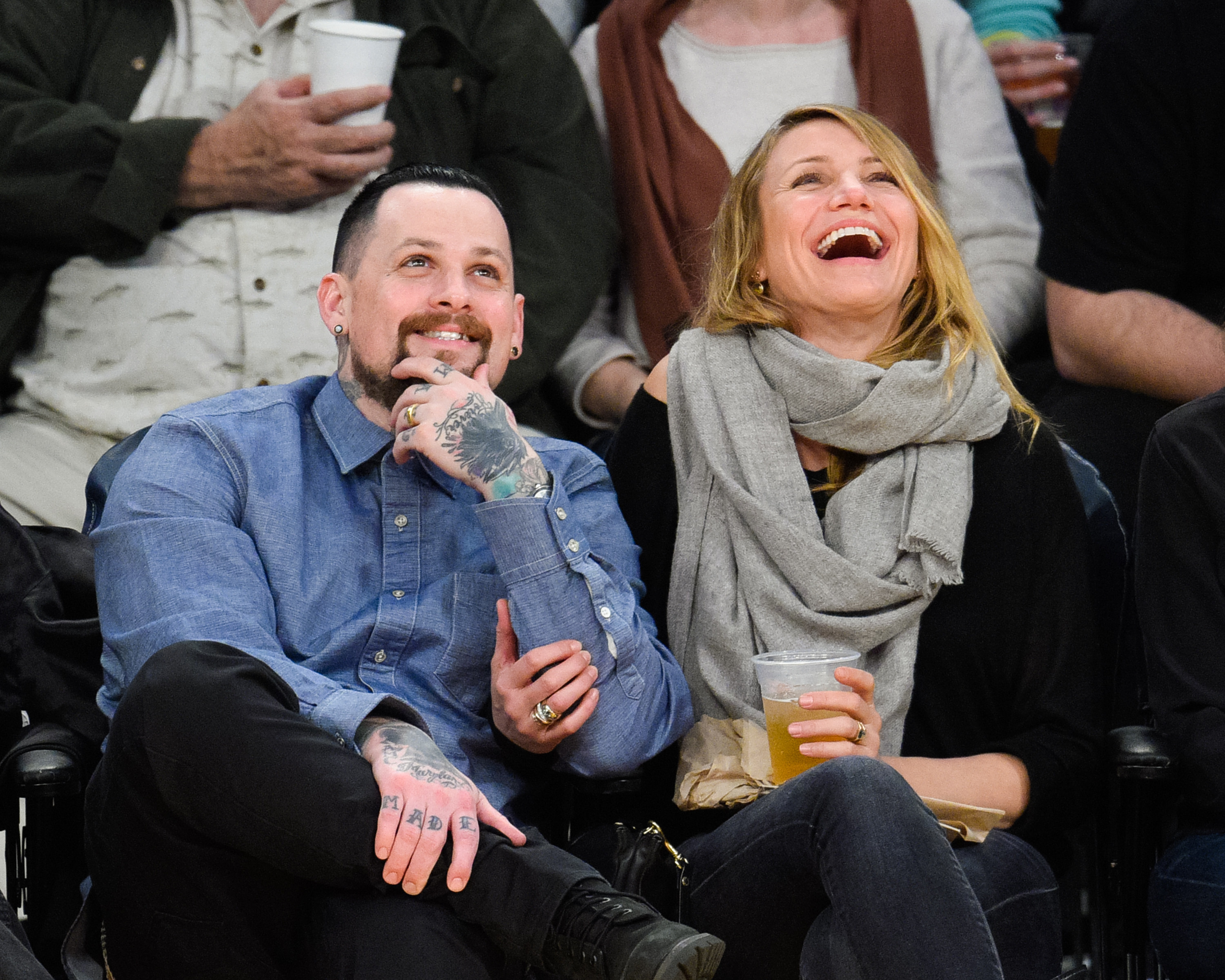 Benji Madden and Cameron Diaz at a basketball game in California. Photo: Getty Images