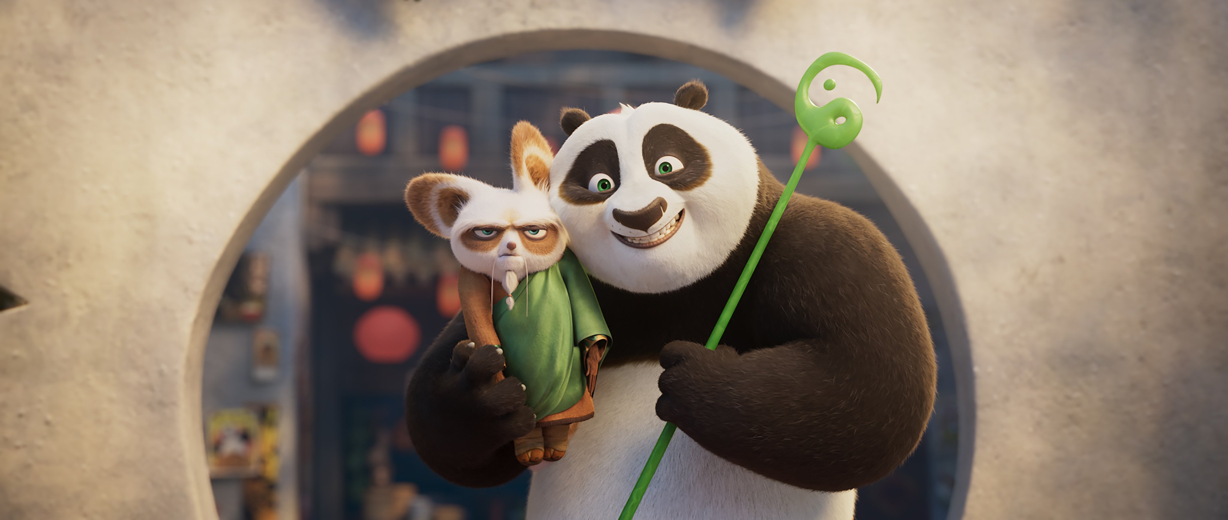 Shifu (left, voiced by Dustin Hoffman) and Po (Jack Black) in a still from Kung Fu Panda 4.