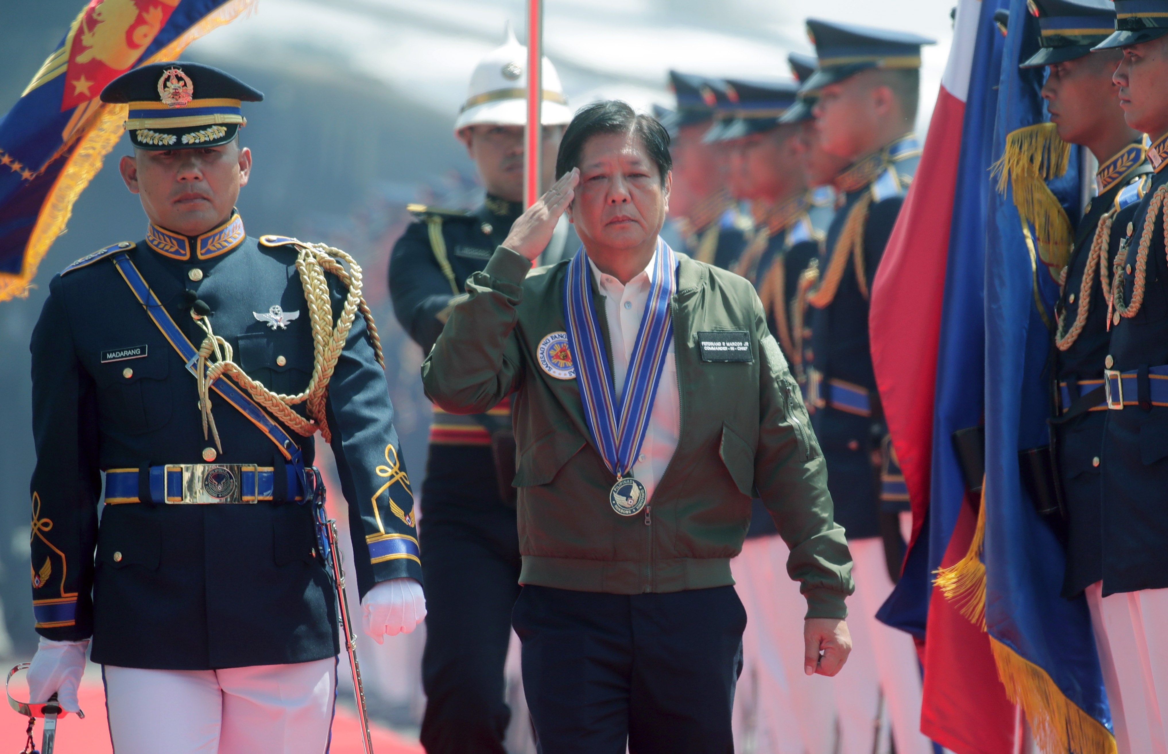 President Ferdinand Marcos Jnr reviews honour guards during the Philippine Air Force (PAF) anniversary at Clark air base in Angeles City, Philippines on July 3, 2023. Photo: EPA-EFE
