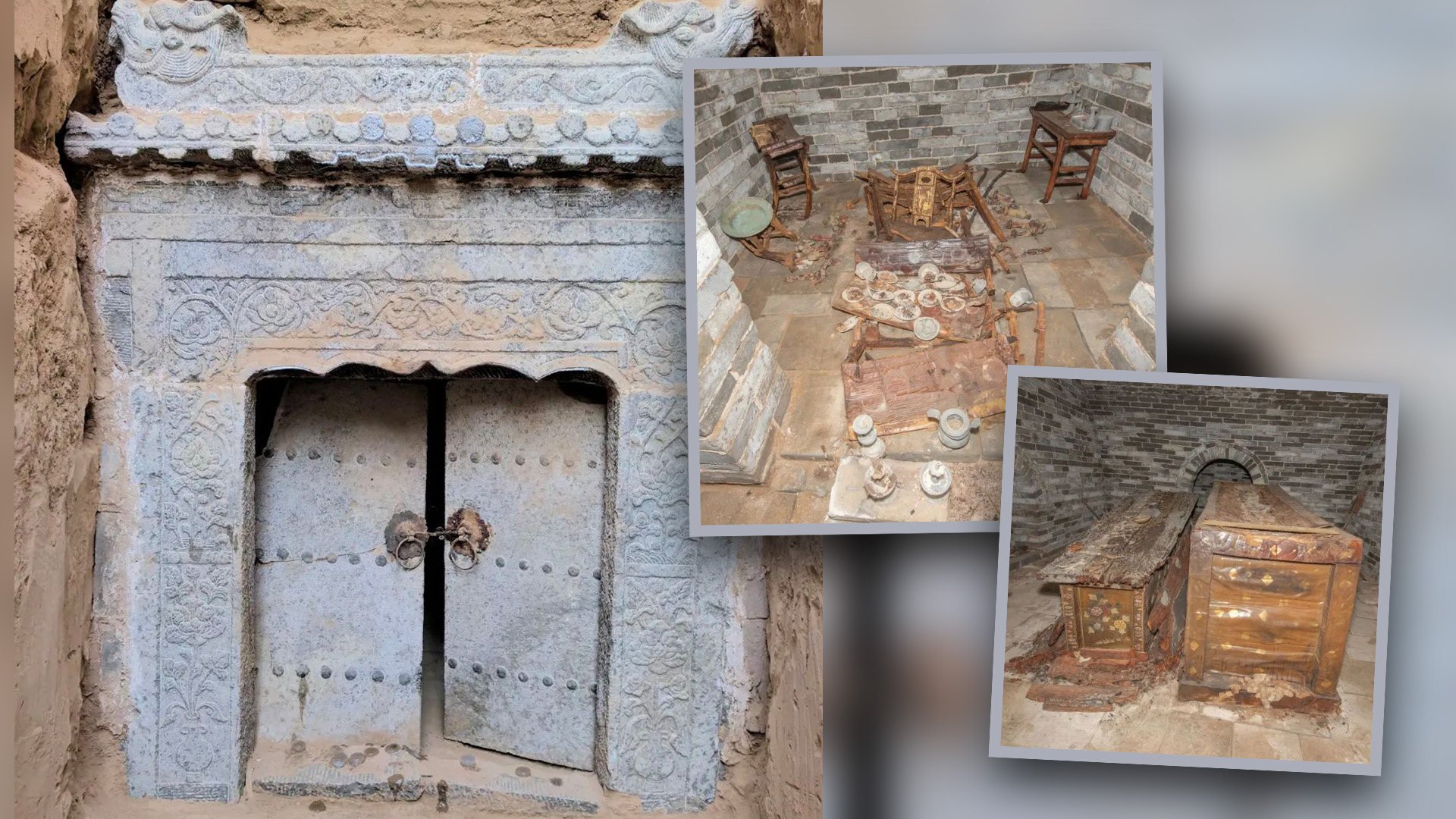 The Ming dynasty tomb of a high-ranking eunuch features beautifully preserved ornate artwork, funerary sacrifices, and a gorgeous doorway. Photo: SCMP composite/Shanxi Provincial Institute of Archaeology