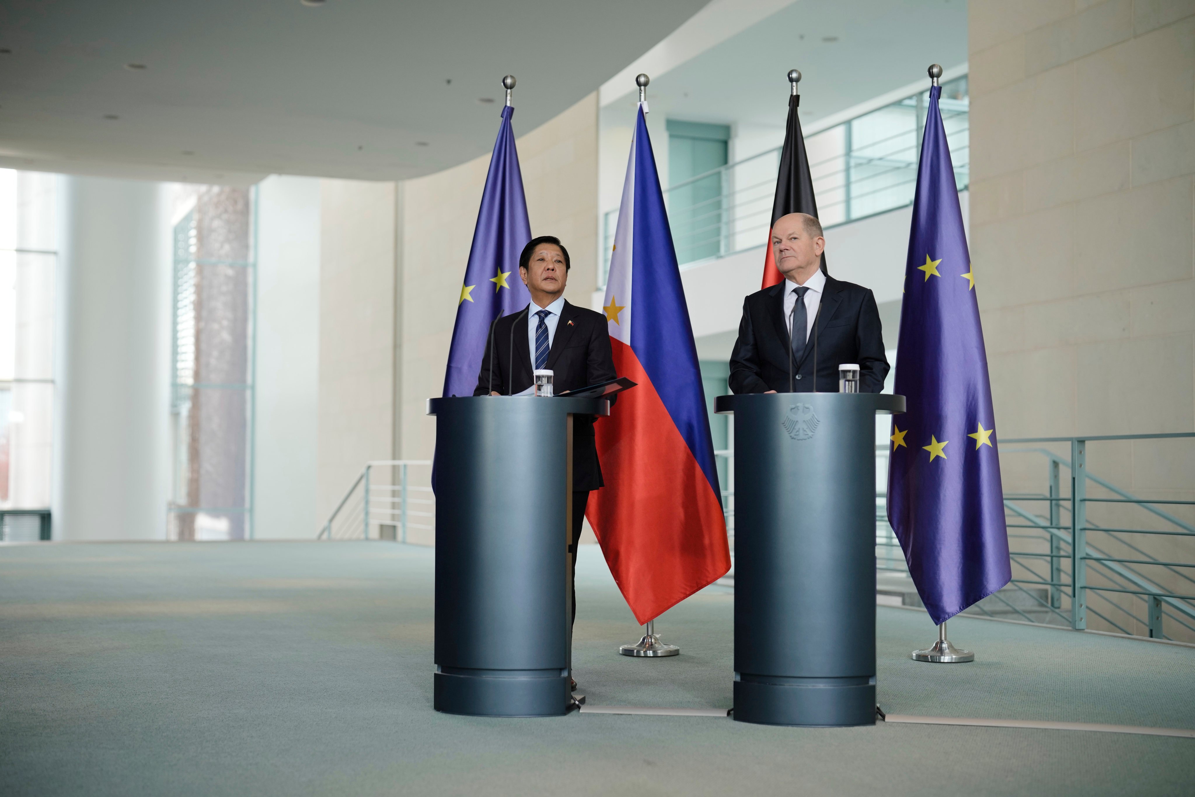 German Chancellor Olaf Scholz (right) and Philippine President Ferdinand Marcos Jnr brief the media after a meeting at the chancellery in Berlin on March 12. During Scholz’s tenure, Germany has steadily moved away from focusing exclusively on economic concerns and seeking more global influence. Photo: AP