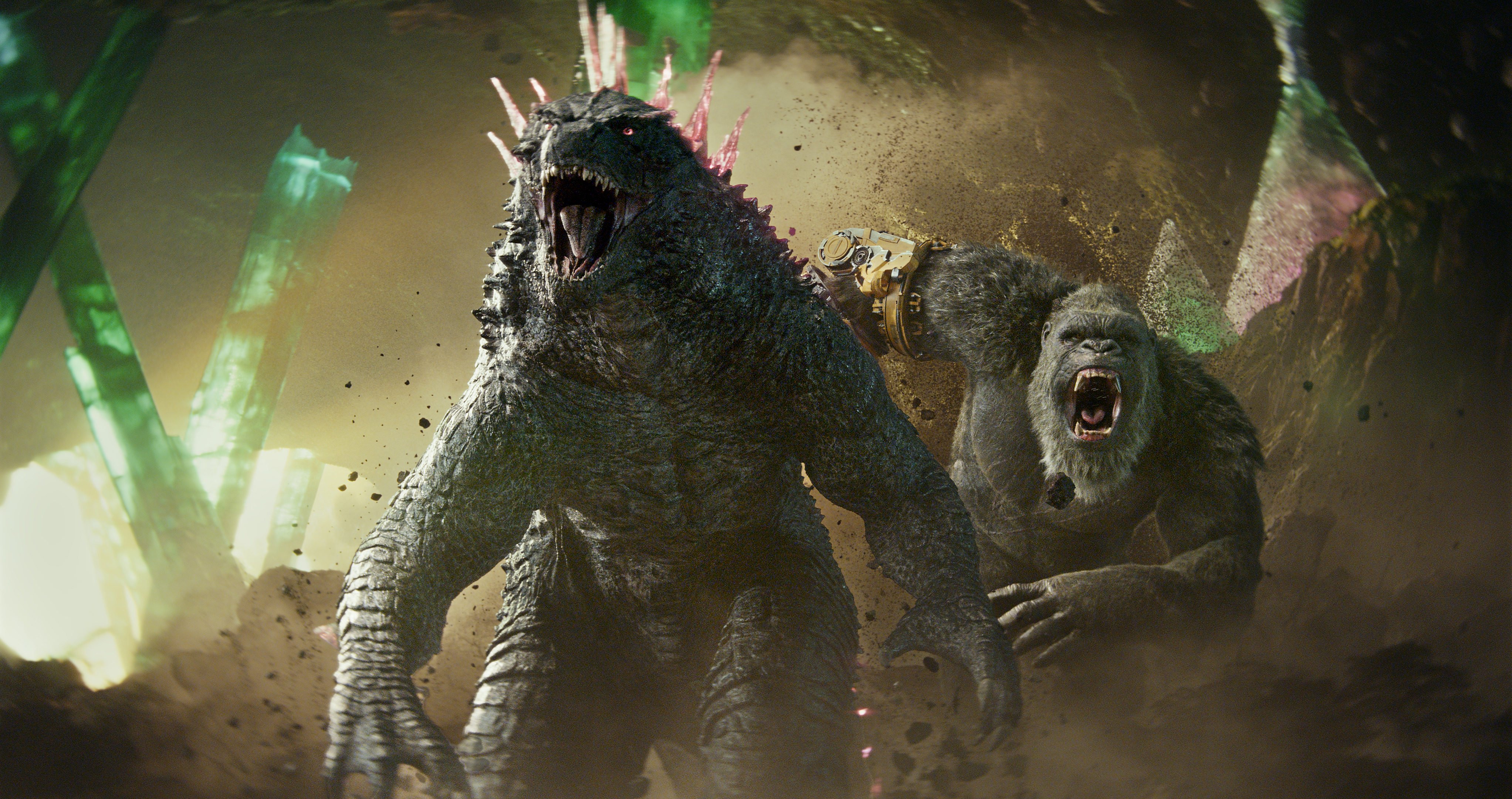Godzilla (left) and Kong in a still from Godzilla x Kong: The New Empire (category IIA), directed by Adam Wingard and starring Rebecca Hall and Dan Stevens. Photo: Warner Bros. Pictures.