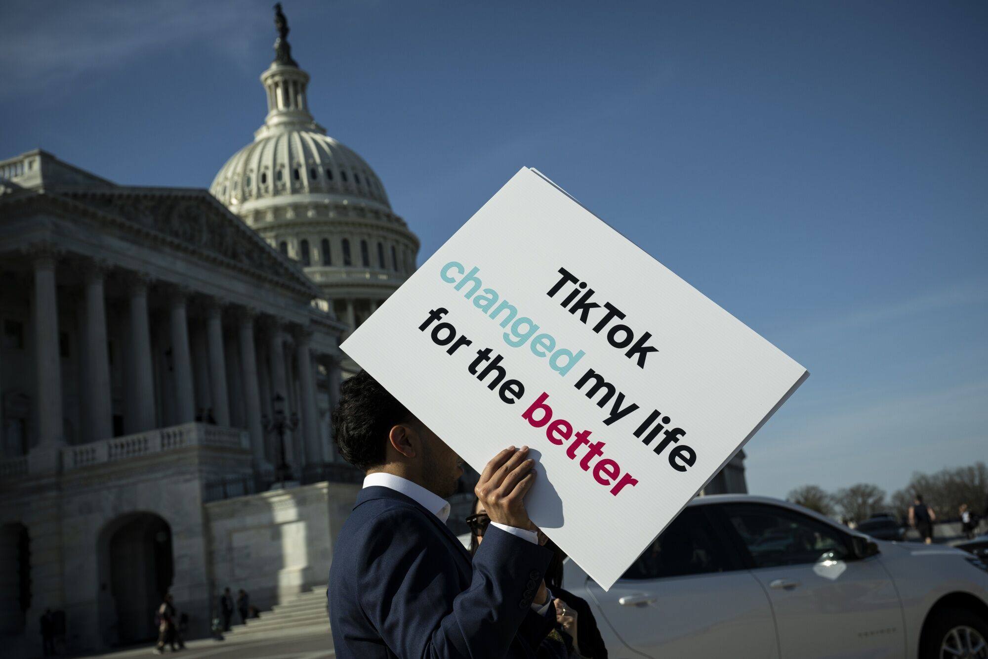 A TikTok supporter outside the US Capitol in Washington on March 12. Photo: Bloomberg