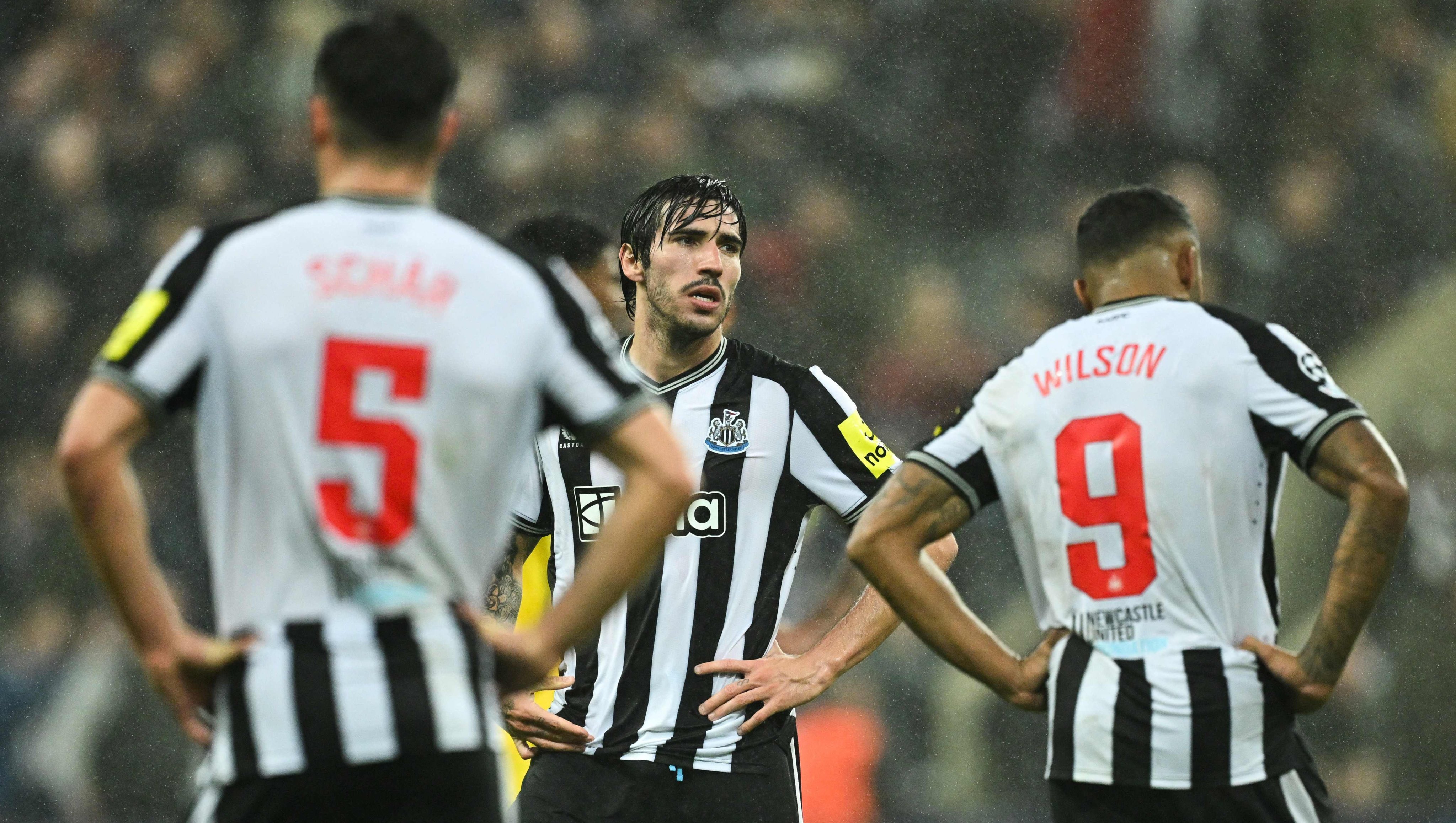 Newcastle’s biggest purchase, Italian midfielder Sandro Tonali (centre), played only 12 games before being banned for betting offences. Photo: AFP