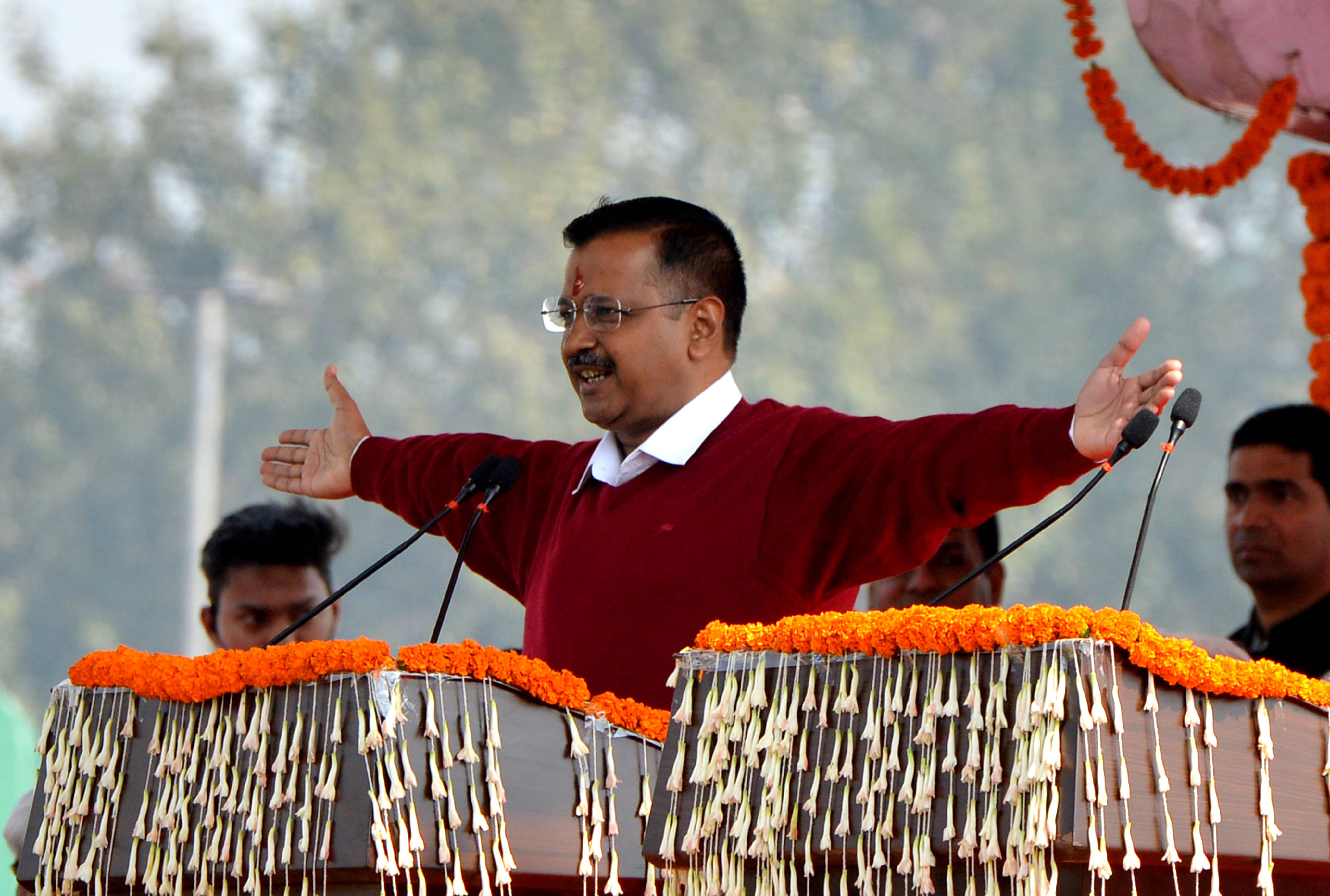 Arvind Kejriwal addresses the crowd after taking oath as Delhi Chief Minister in New Delhi, on February 16, 2020. Photo: Xinhua