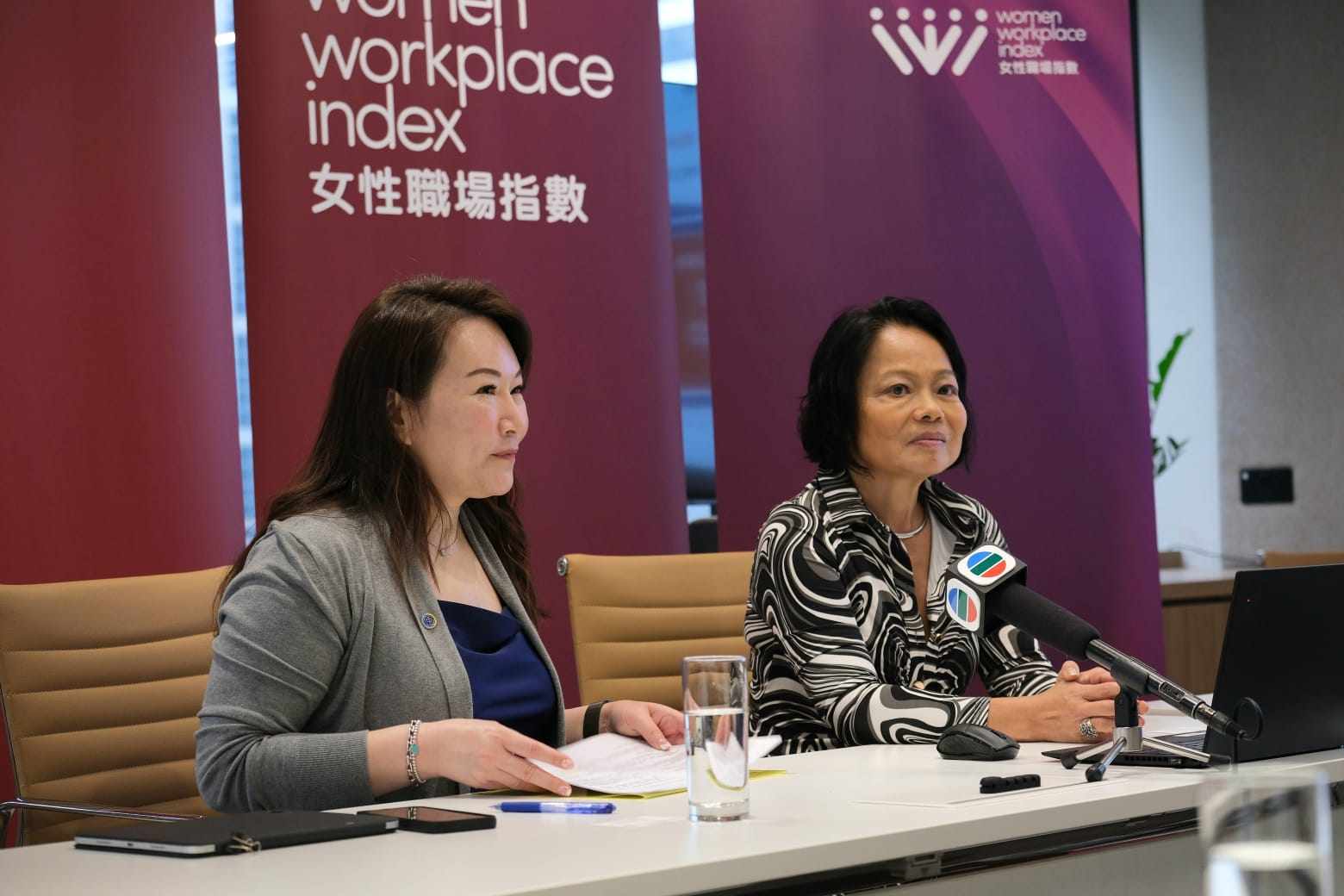 Betty Chan (left), director for human resources at CLP, with Nicole Yuen, the founder and CEO of the WWI, at the launch of the Women Workplace Index this month. Photo: Handout