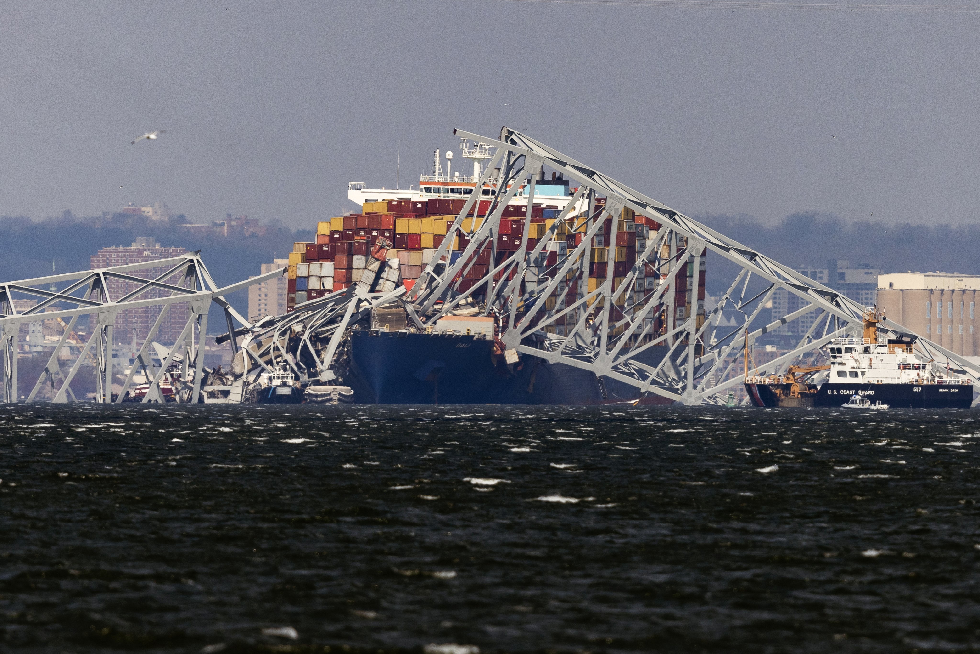 The cargo vessel Dali lies under a toppled section of the Francis Scott Key Bridge in Baltimore, Maryland, on Friday. Photo: EPA-EFE