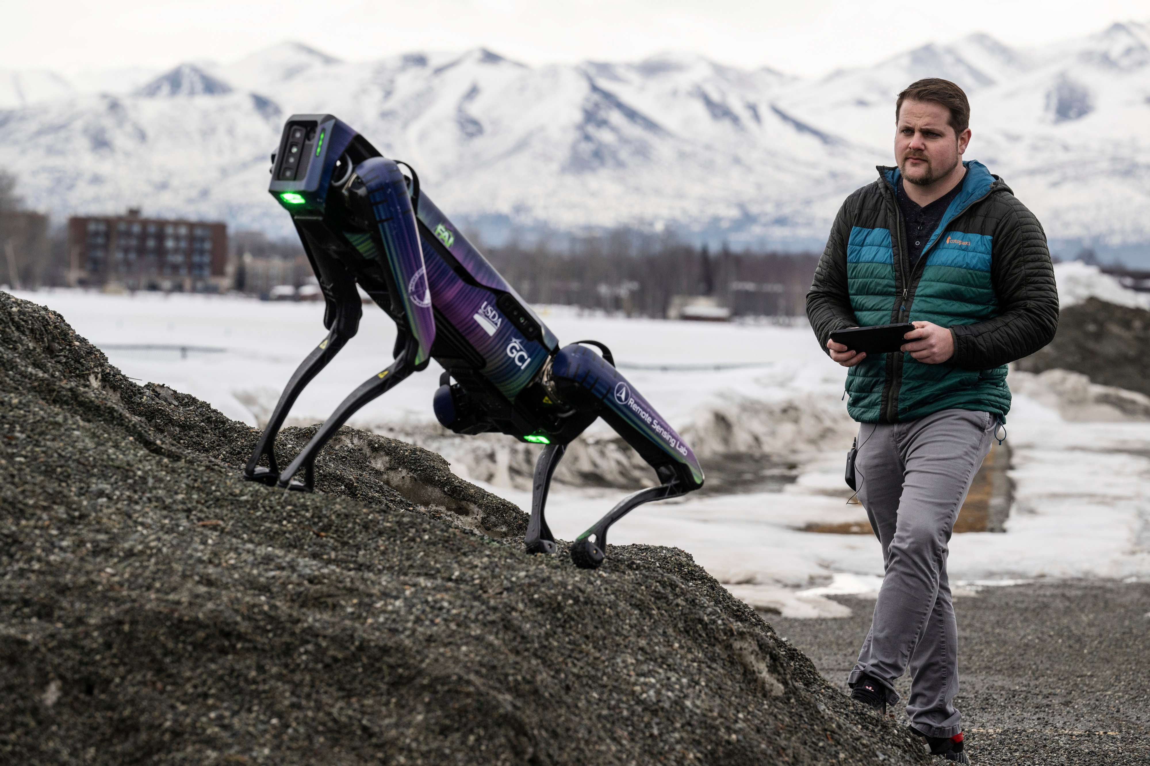 Alaska Department of Transportation programme manager Ryan Marlow demonstrates the agency’s robotic dog in Anchorage, Alaska, on Tuesday. Photo: Anchorage Daily News via AP