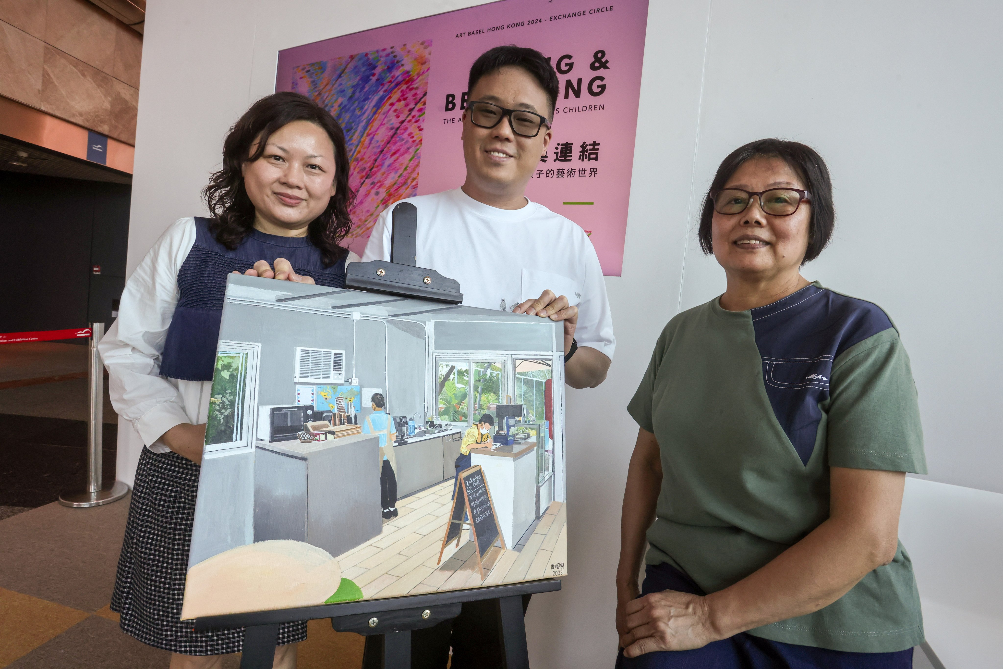 (Left to right) Teacher Ko Mei-yee, artist Chou Chiu-ming and his mum Yip Shui-heung attend this year’s Art Basel. Photo: Jonathan Wong