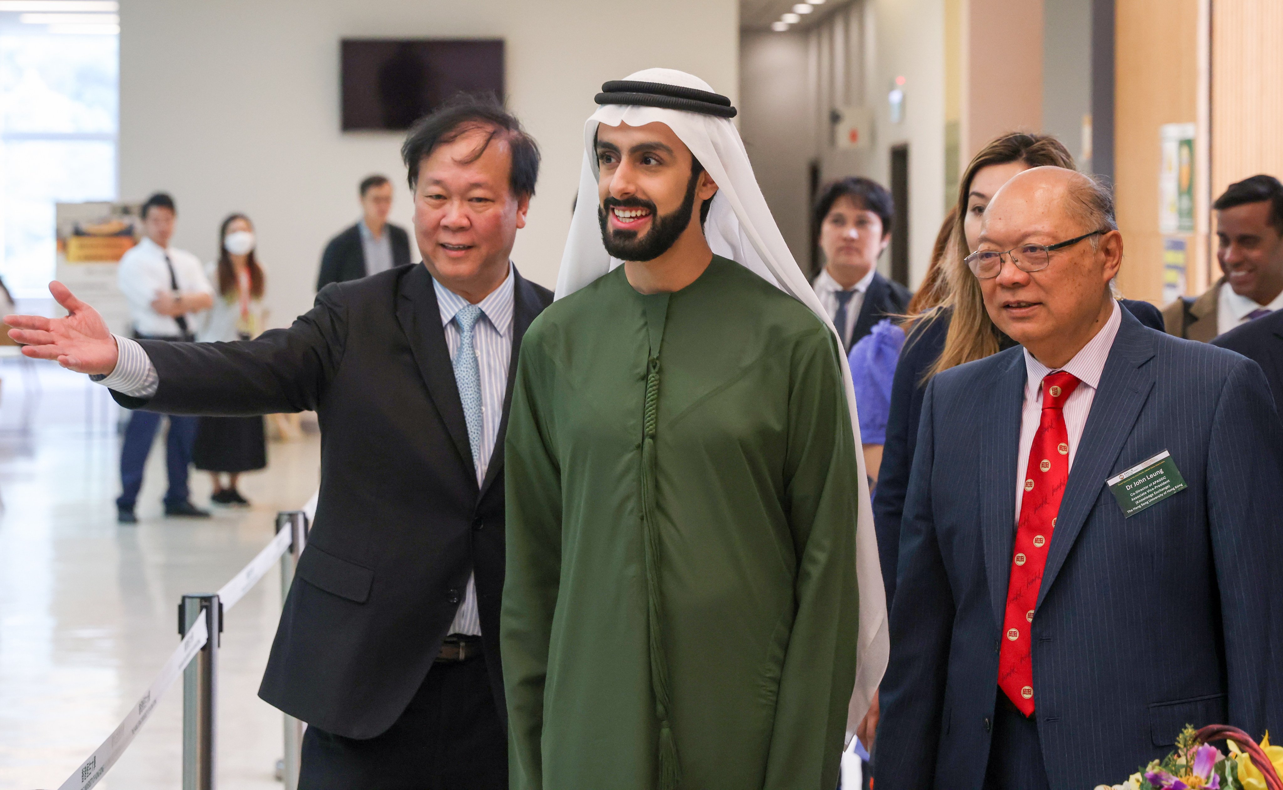 Sheikh Ali Al Maktoum (centre) and Dr John Leung (right), director of ICAPE and associate vice-president (knowledge exchange) at Hang Seng University. The prince from the UAE made waves after pledging millions for a family office in Hong Kong. Photo: Yik Yeung-man