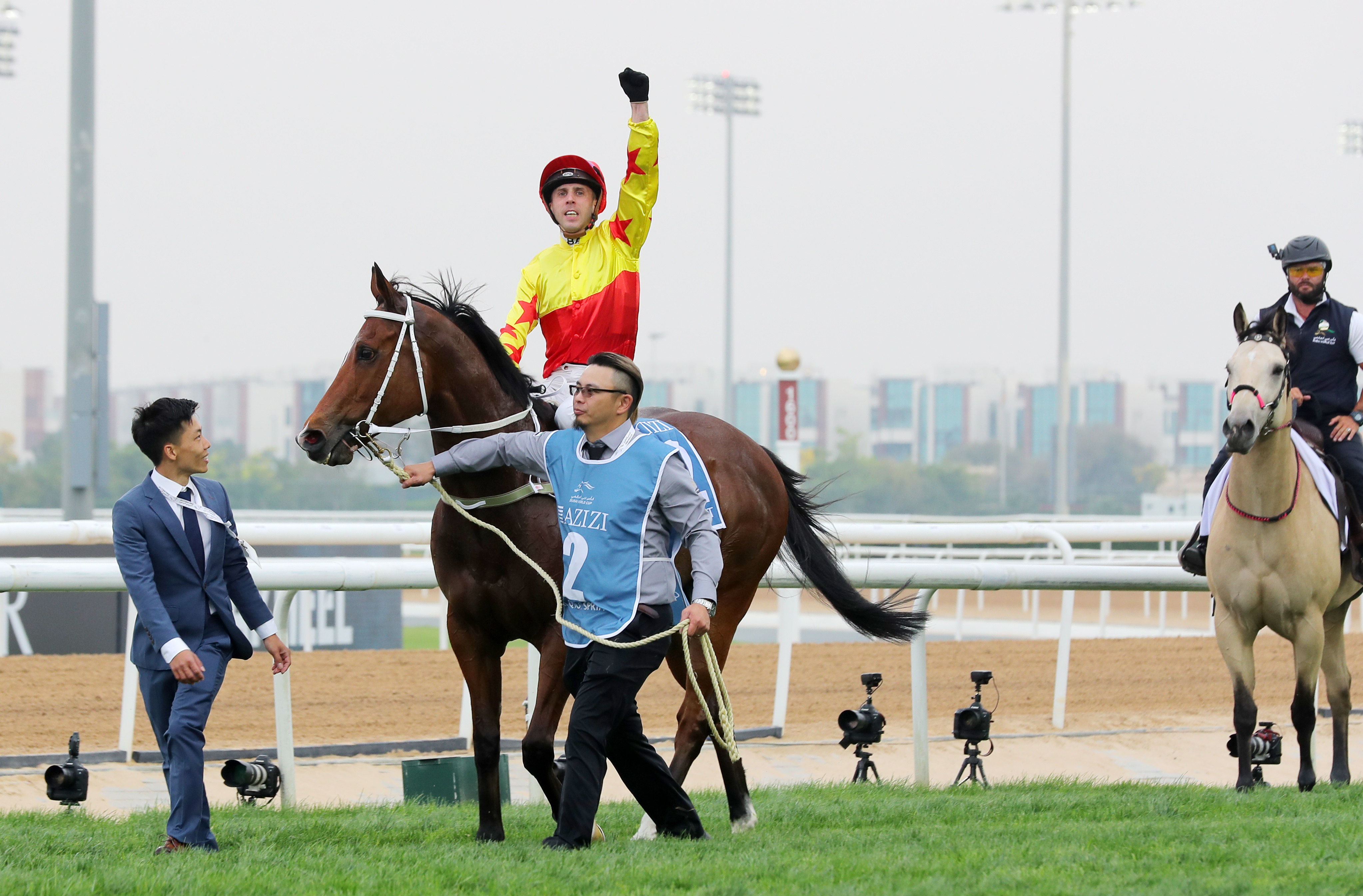 Brenton Avdulla salutes the Meydan crowd after California Spangle’s Group One Al Quoz Sprint (1,200m) success on Saturday. Photo: Kenneth Chan