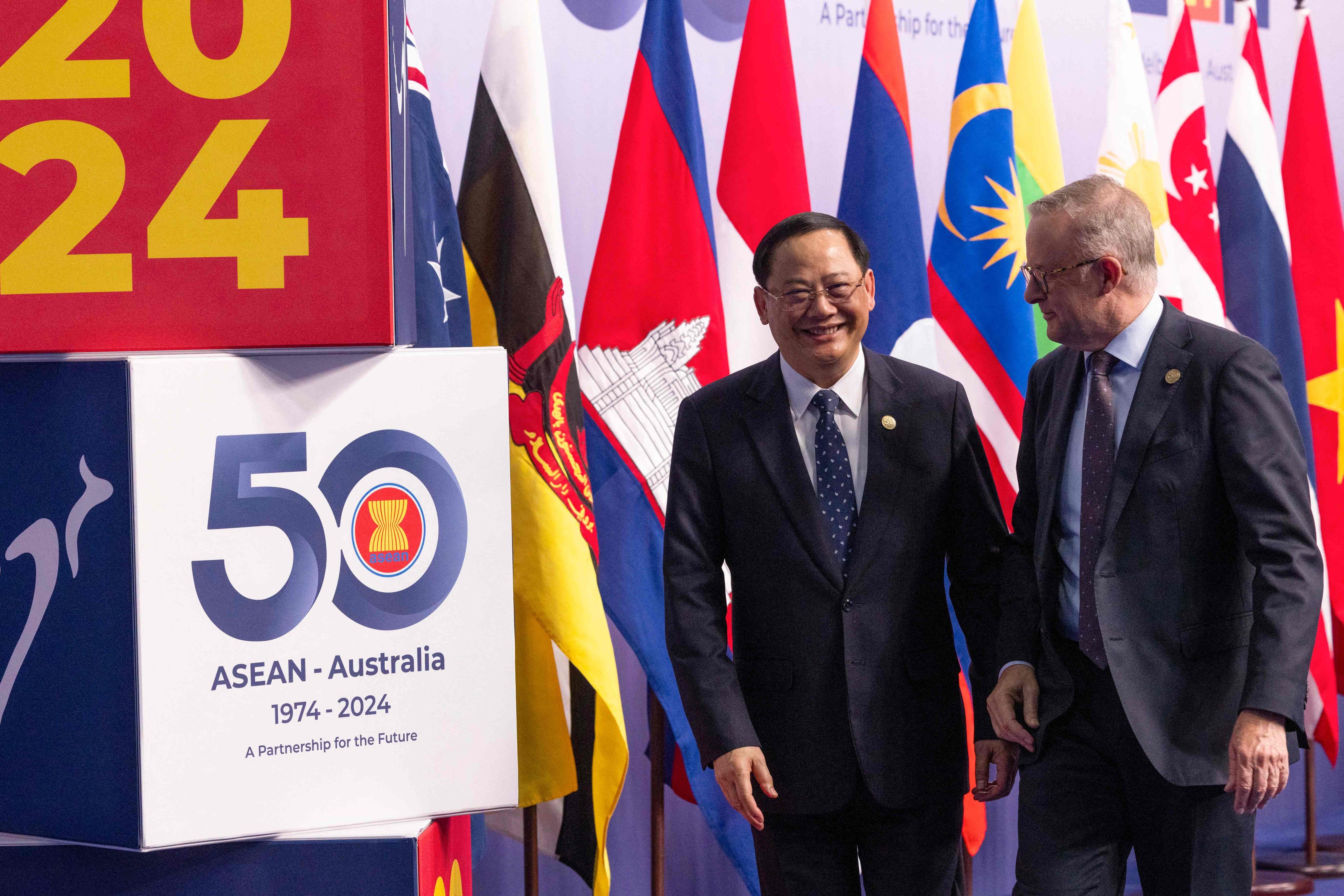  Laos’ Prime Minister Sonexay Siphandone (left) and Australia’s Prime Minister Anthony Albanese at the Asean-Australia Special Summit 2024 in Melbourne on March 6. Photo: Asean-Australia Special Summit 2024/AFP