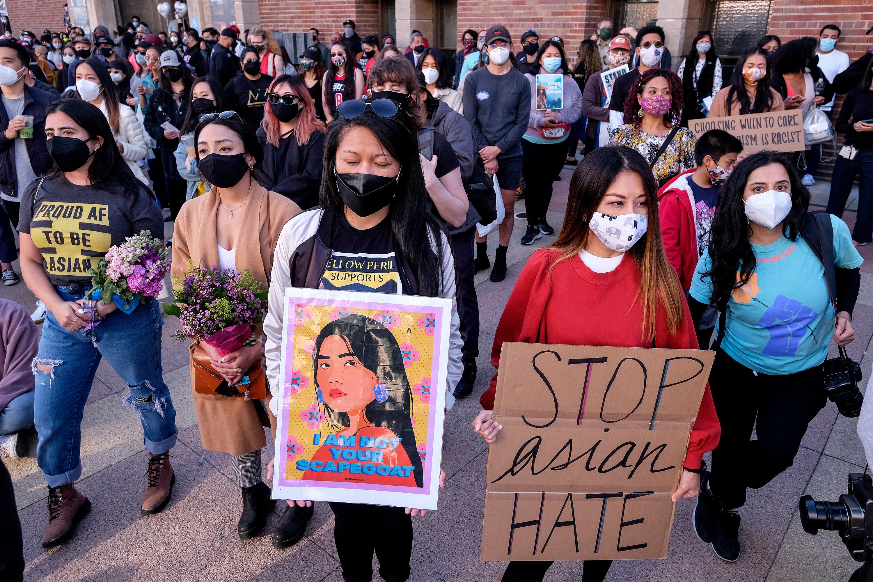 Demonstrators take part in a rally “Love Our Communities: Build Collective Power” to raise awareness of anti-Asian violence, at the Japanese American National Museum in Little Tokyo in Los Angeles, California, on March 13, 2021. Photo: AFP
