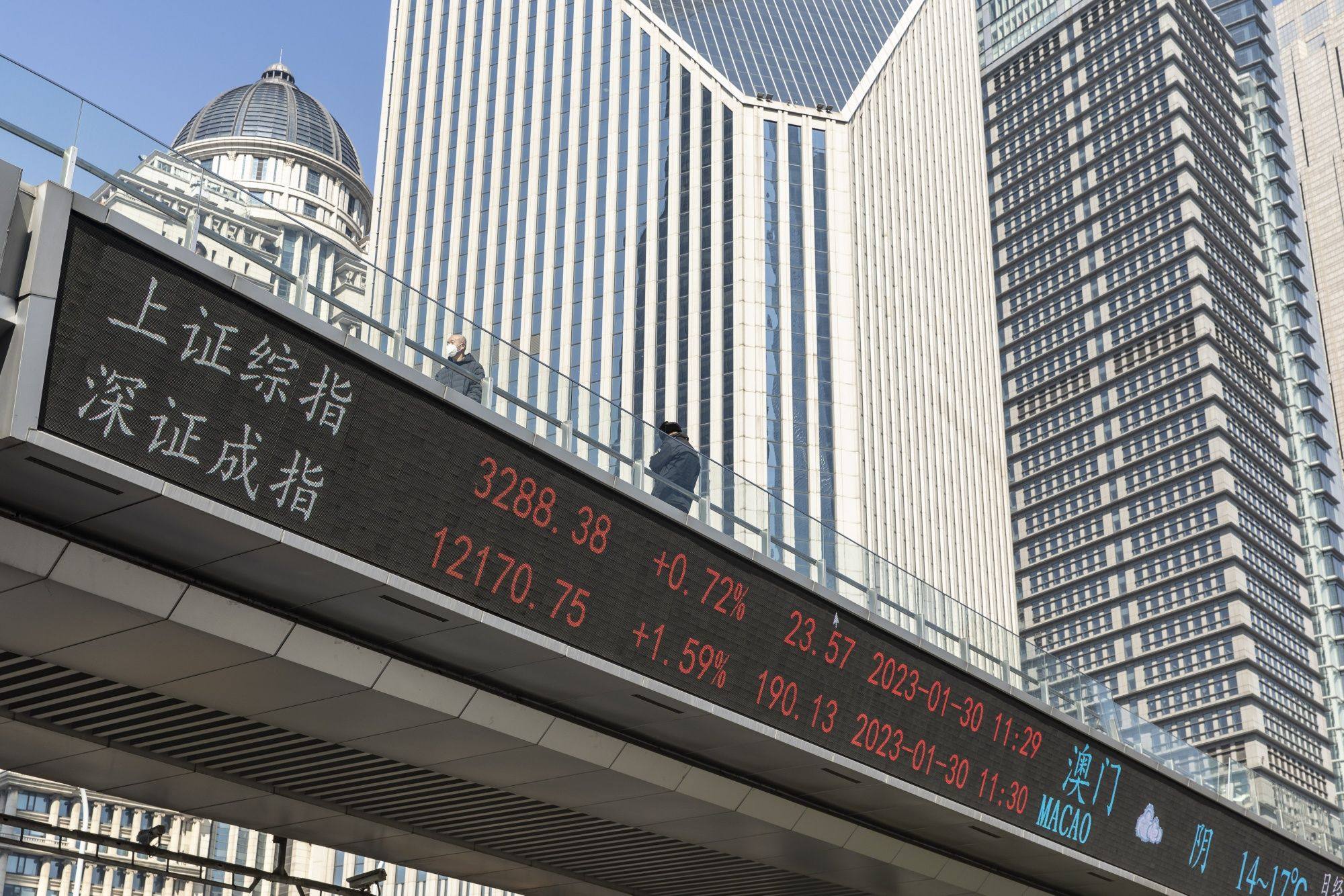 The Shanghai Composite Index and the Shenzhen Component Index displayed on a stock ticker in Pudong’s Lujiazui Financial District in Shanghai in January 2023. Photo: Bloomberg