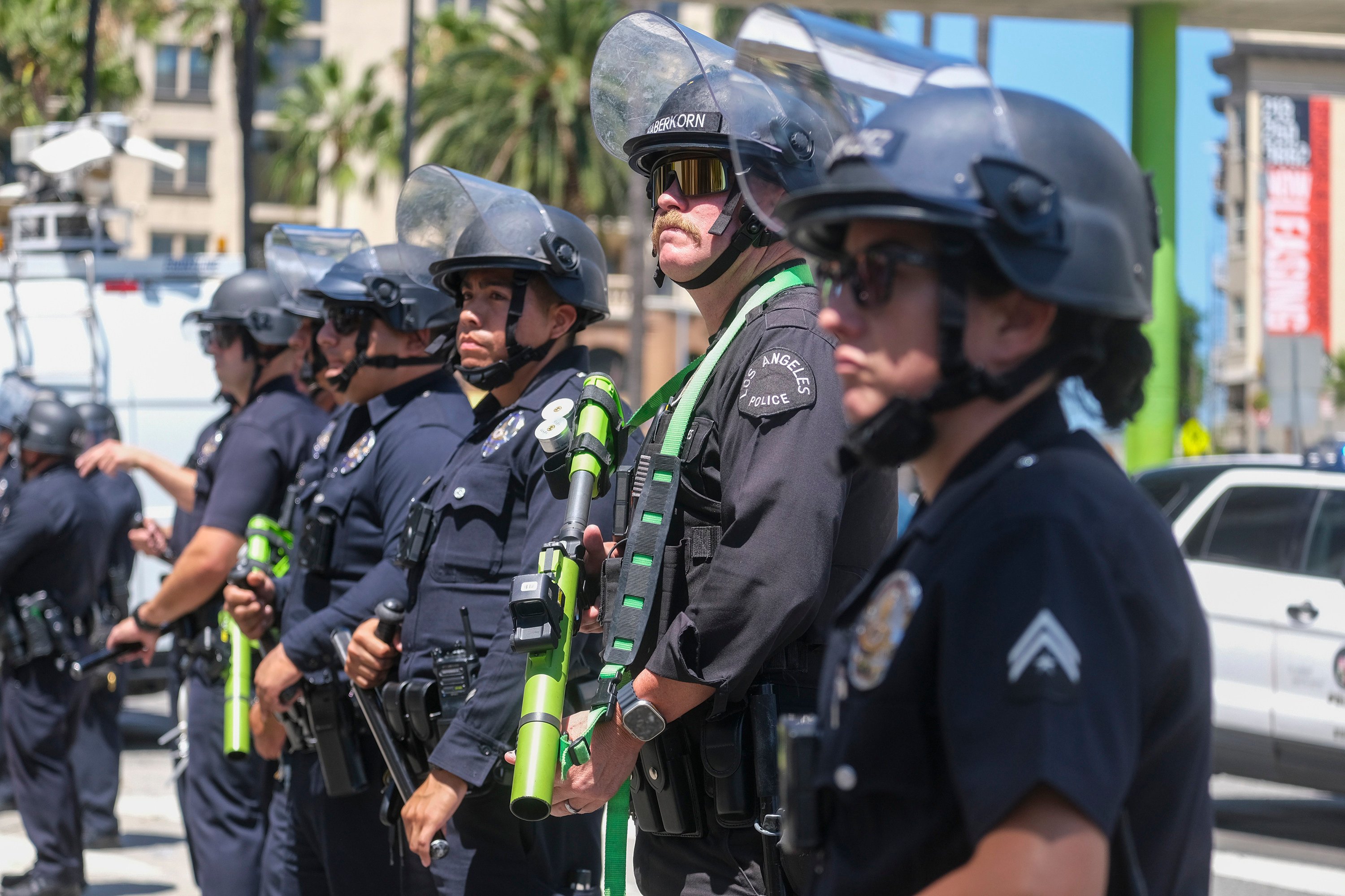 LAPD officers stand guard during a rally in California on August 8, 2023. Photo: SOPA Images via Zuma Press Wire/TNS 