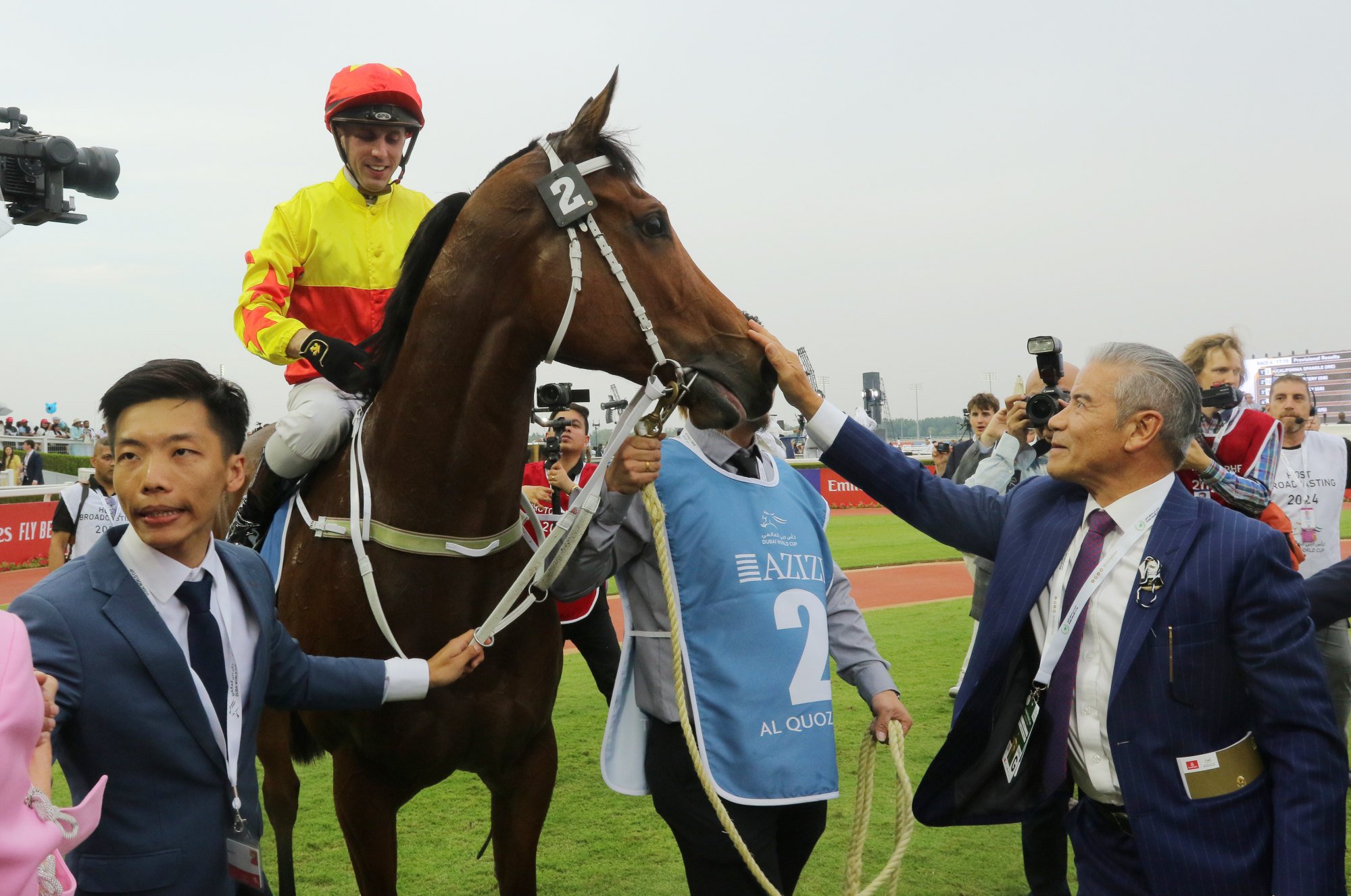 Tony Cruz pats California Spangle after his win in the Group One Al Quoz Sprint (1,200m).