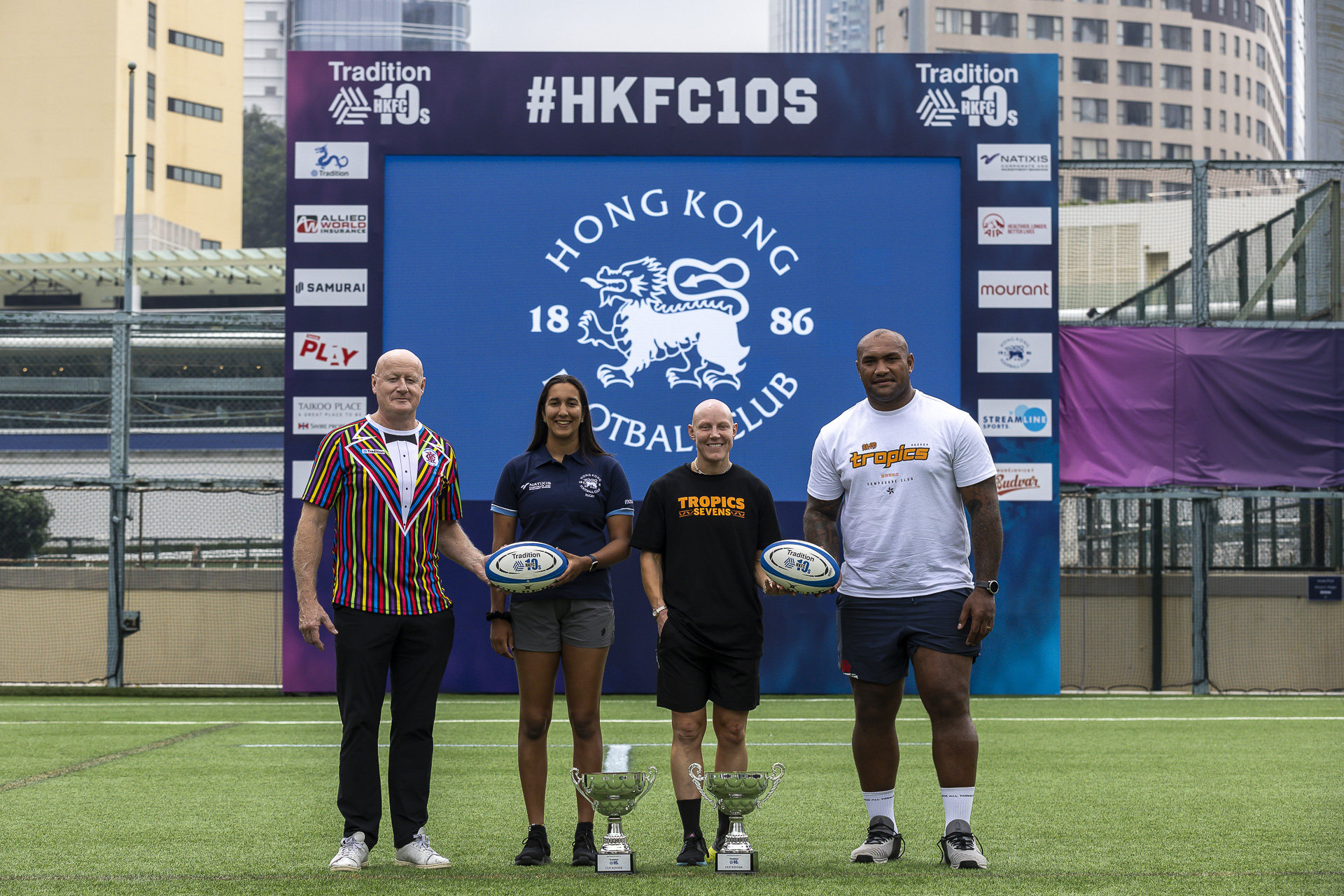 Heralding the Tradition Hong Kong 10s are (from left): Simon Ryan, coach of men’s champions Tradition YCAC; Roshini Turner of HKFC Natixis Ice; Heather Fisher, manager of the Ashbury Tropics; and former Fijian international Nemani Nadolo, who will play for the Tropics. Photo: Chris Wong/Ike Image
