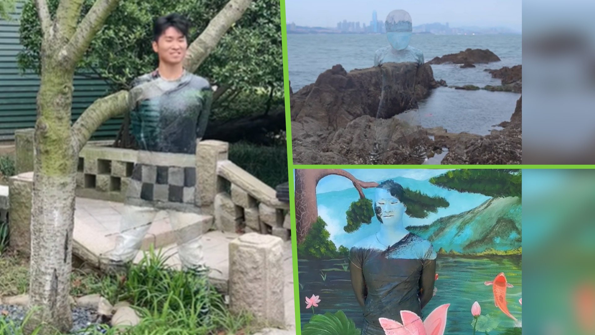 An eco-friendly artist in China, known as the “invisible man” for painting himself, chameleon-like, into the background of natural scenes has become a hit on mainland social media. Photo: SCMP composite/Douyin
