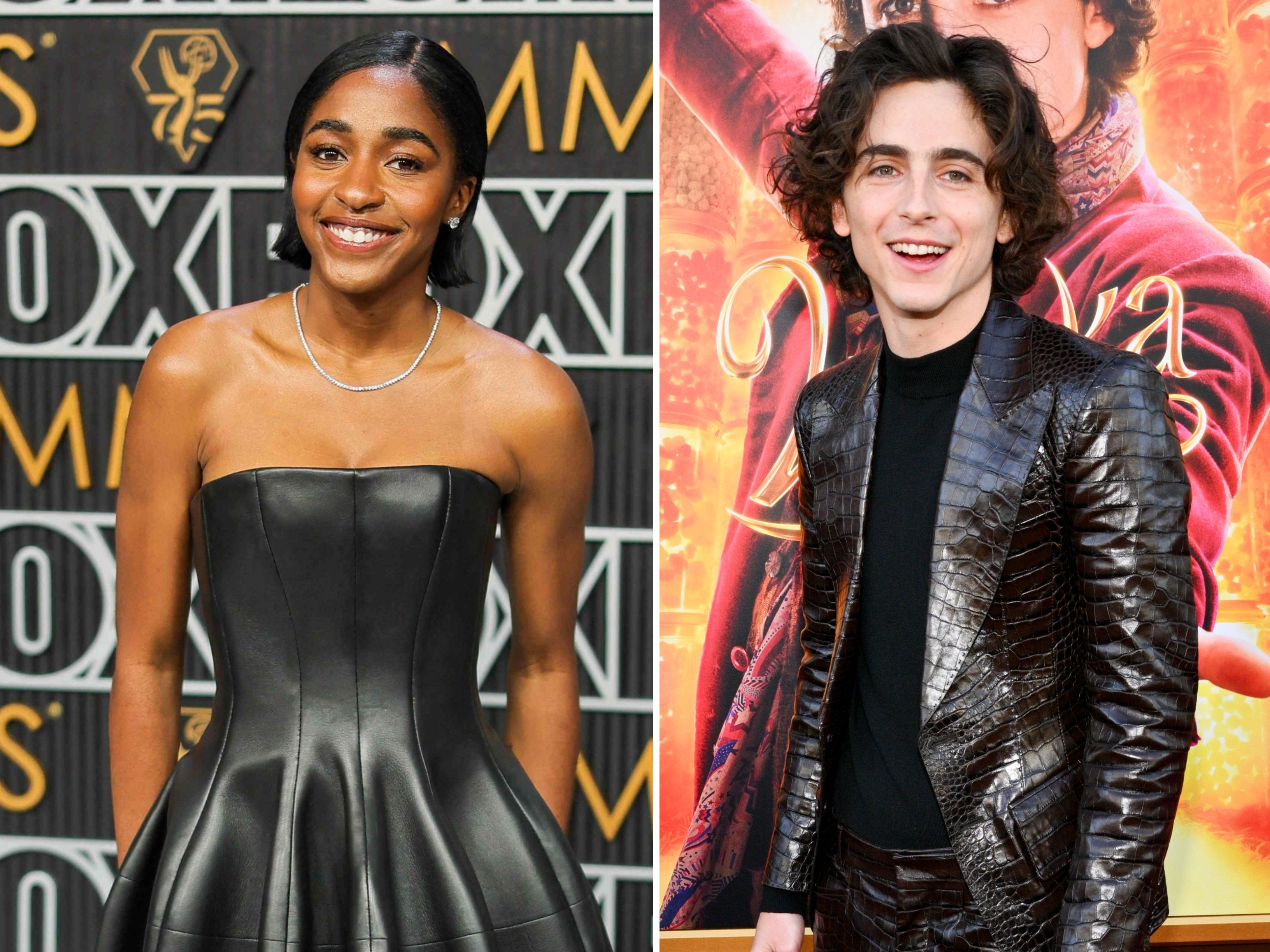 Ayo Edebiri and Timothée Chalamet both rocked leather on the 2024 awards season red carpet. Photos: Getty