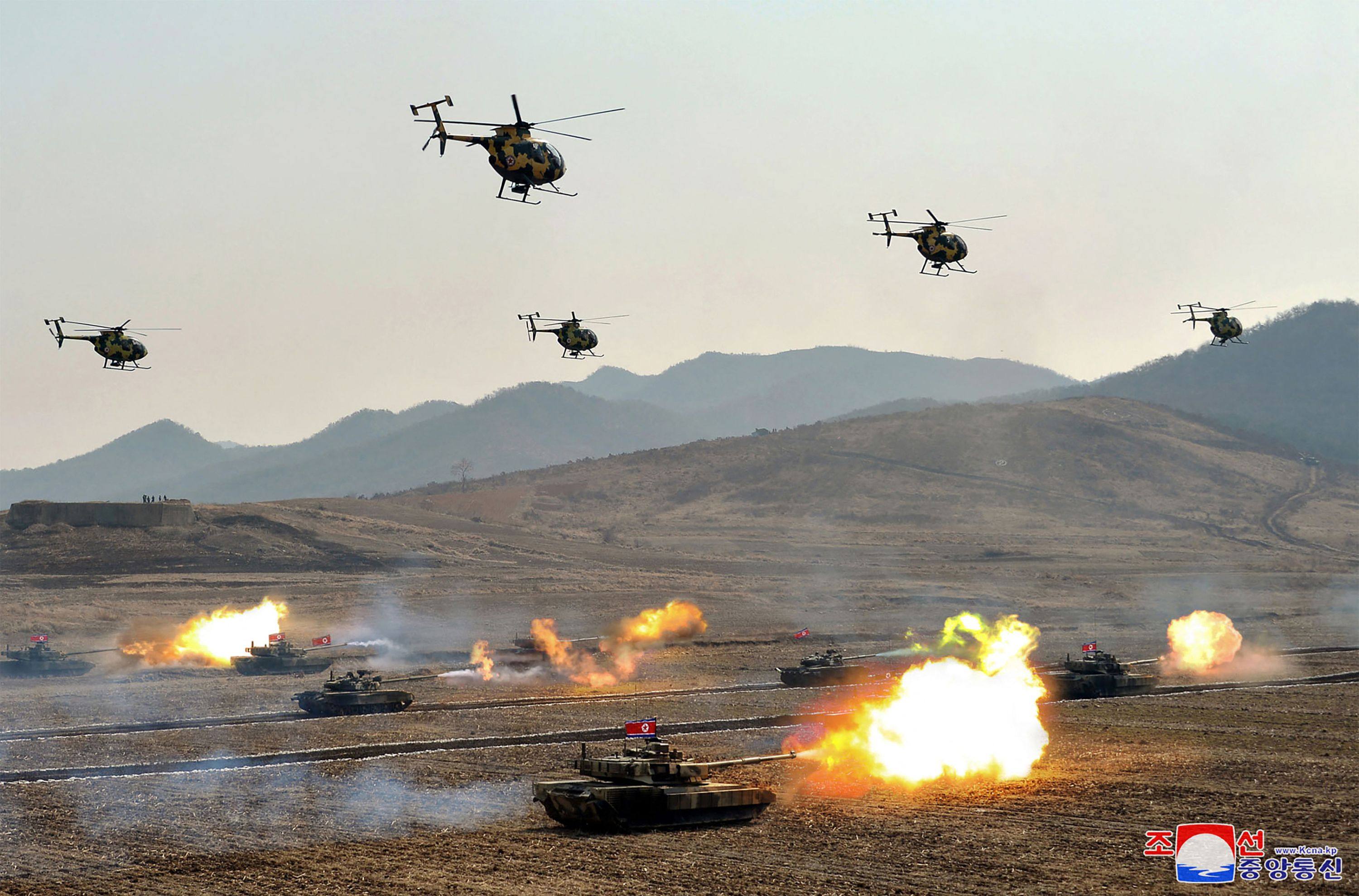 North Korean tank crews and helicopters conduct joint drills in an undisclosed location last month in this picture released by North Korea’s official Korean Central News Agency. Photo: KCNA via KNS / AFP