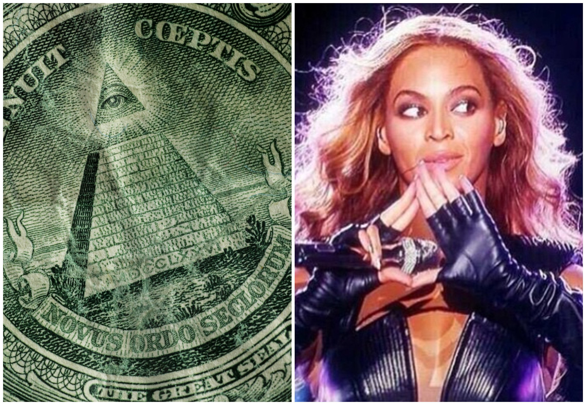 Beyoncé has been accused by conspiracy theorists of being in the Illuminati. Photos: Unsplash; @illuminatiminds/Instagram