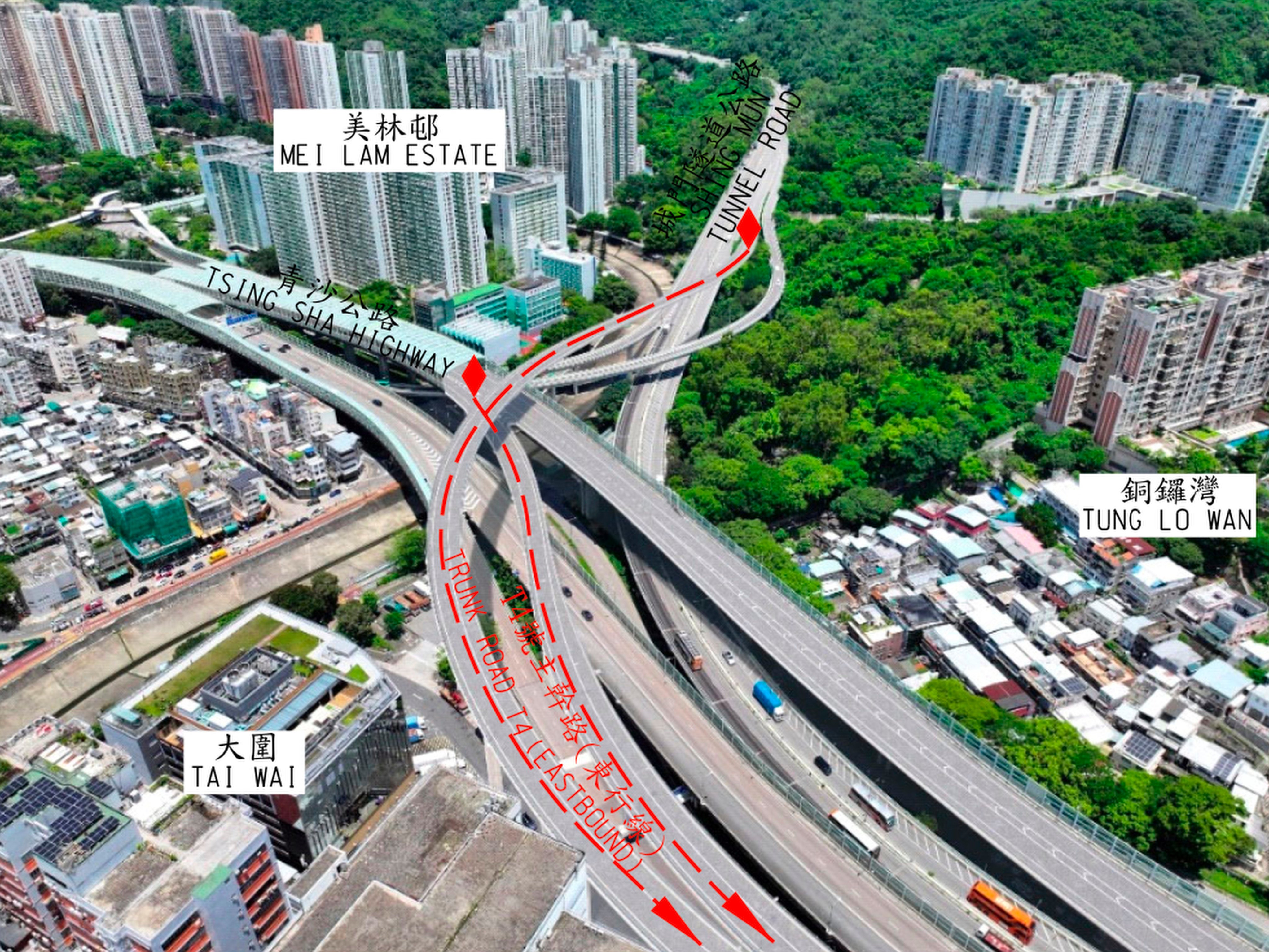 An illustration of the connection points for the Shing Sun Tunnel Road and Tsing Sha Highway to Trunk Road T4. Photo: Legco