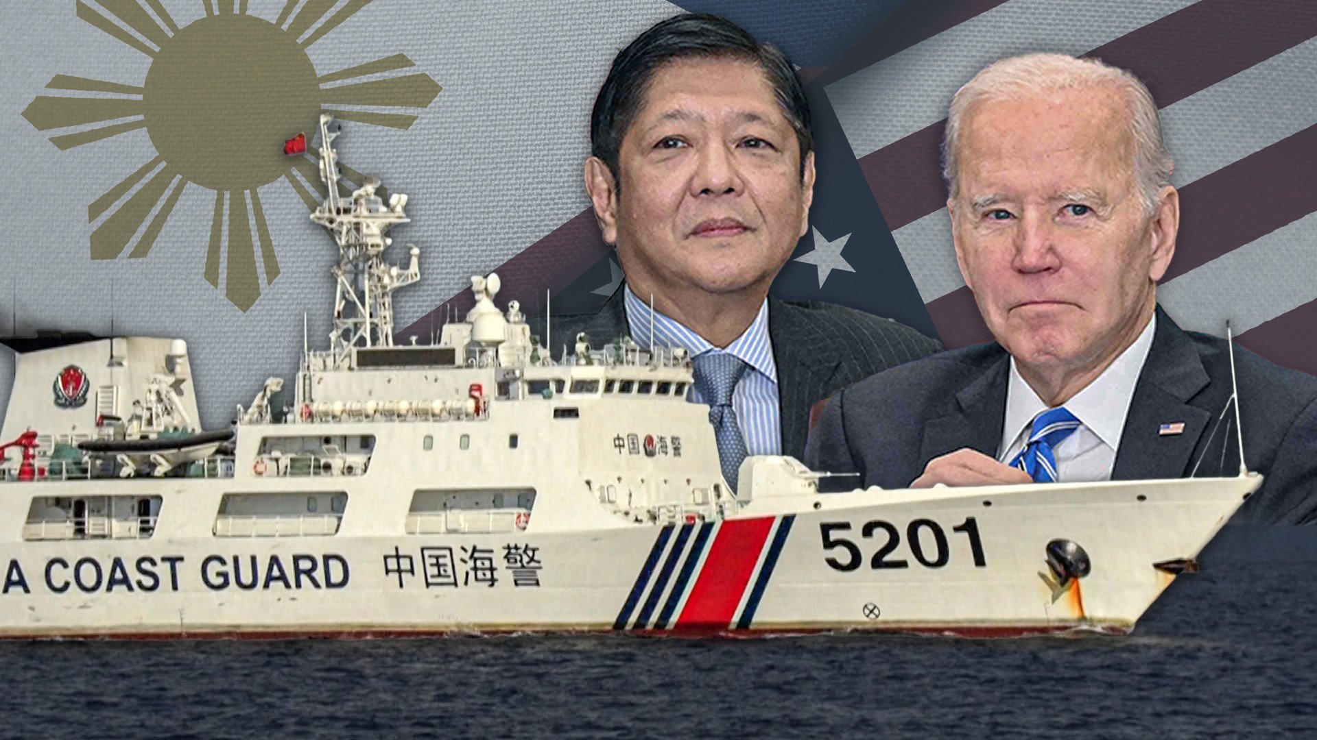 Screen capture of SCMP video showing Philippine President Ferdinand Marcos Jnr, US President Joe Biden and a Chinese coastguard vessel. Photo: SCMP composite 