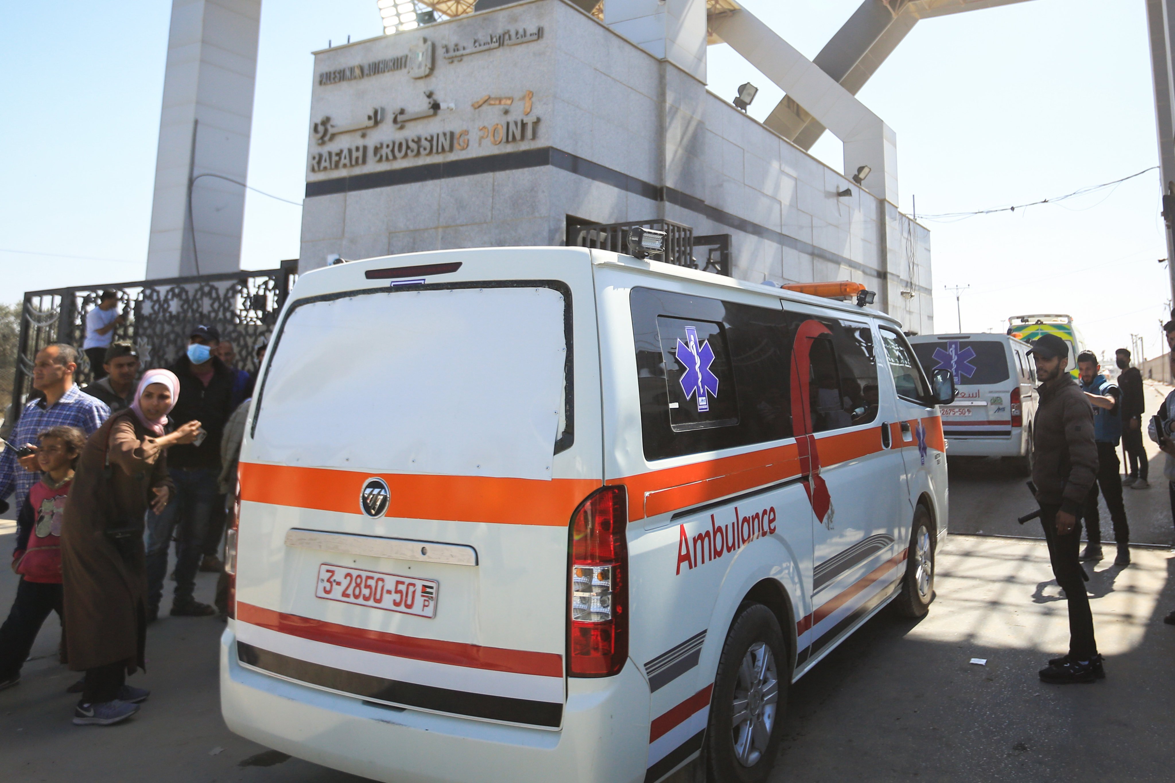 Ambulances carrying the bodies of the World Central Kitchen staff who were killed in an Israeli air strike enter Egypt through the Rafah border crossing on Wednesday. Photo: dpa