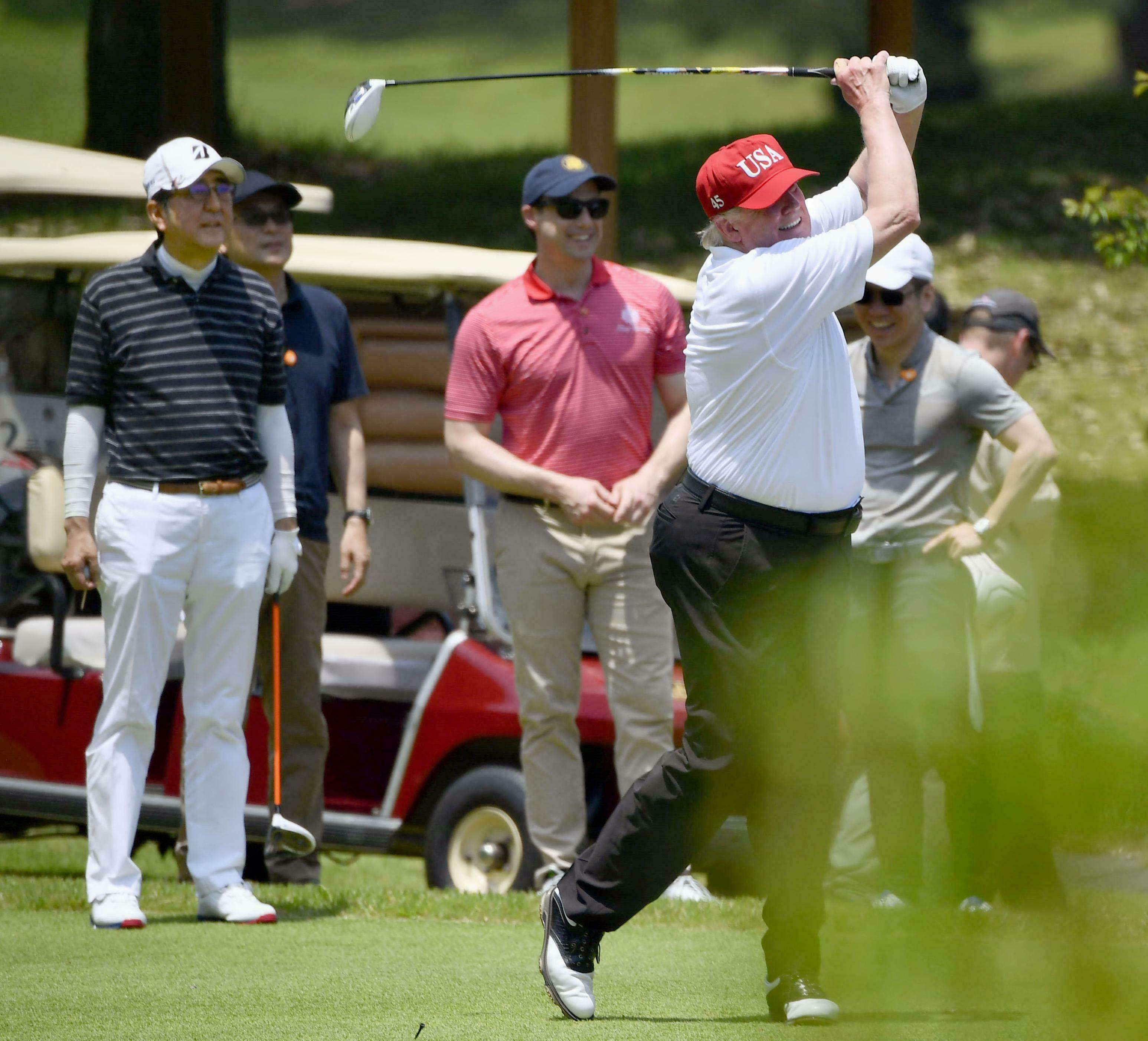 Donald Trump plays golf in Mobara, south of Tokyo, during his 2020 visit to Japan. Photo: Kyodo News via AP