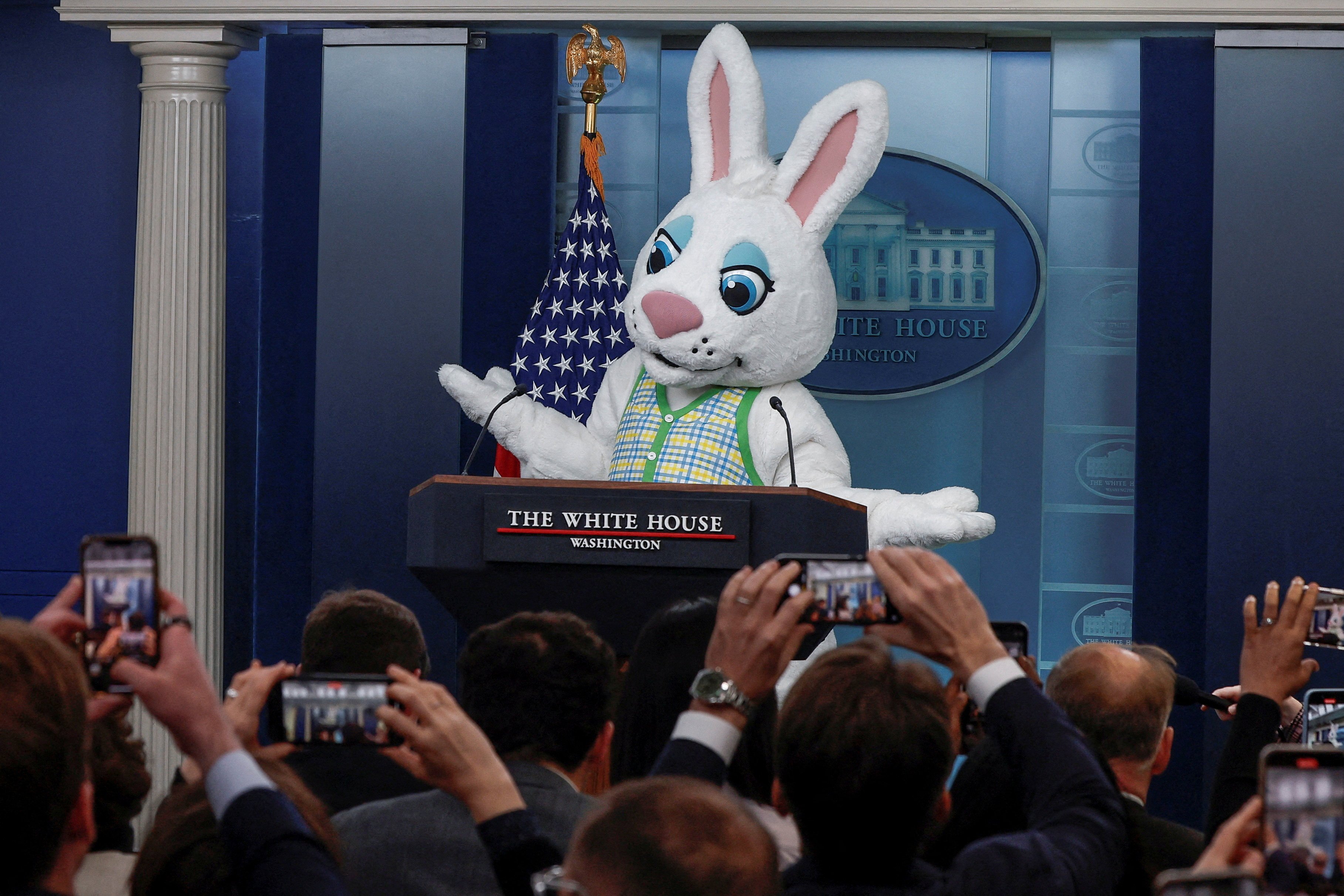 The Easter bunny makes a guest appearance in the White House briefing room in Washington. Photo: Reuters