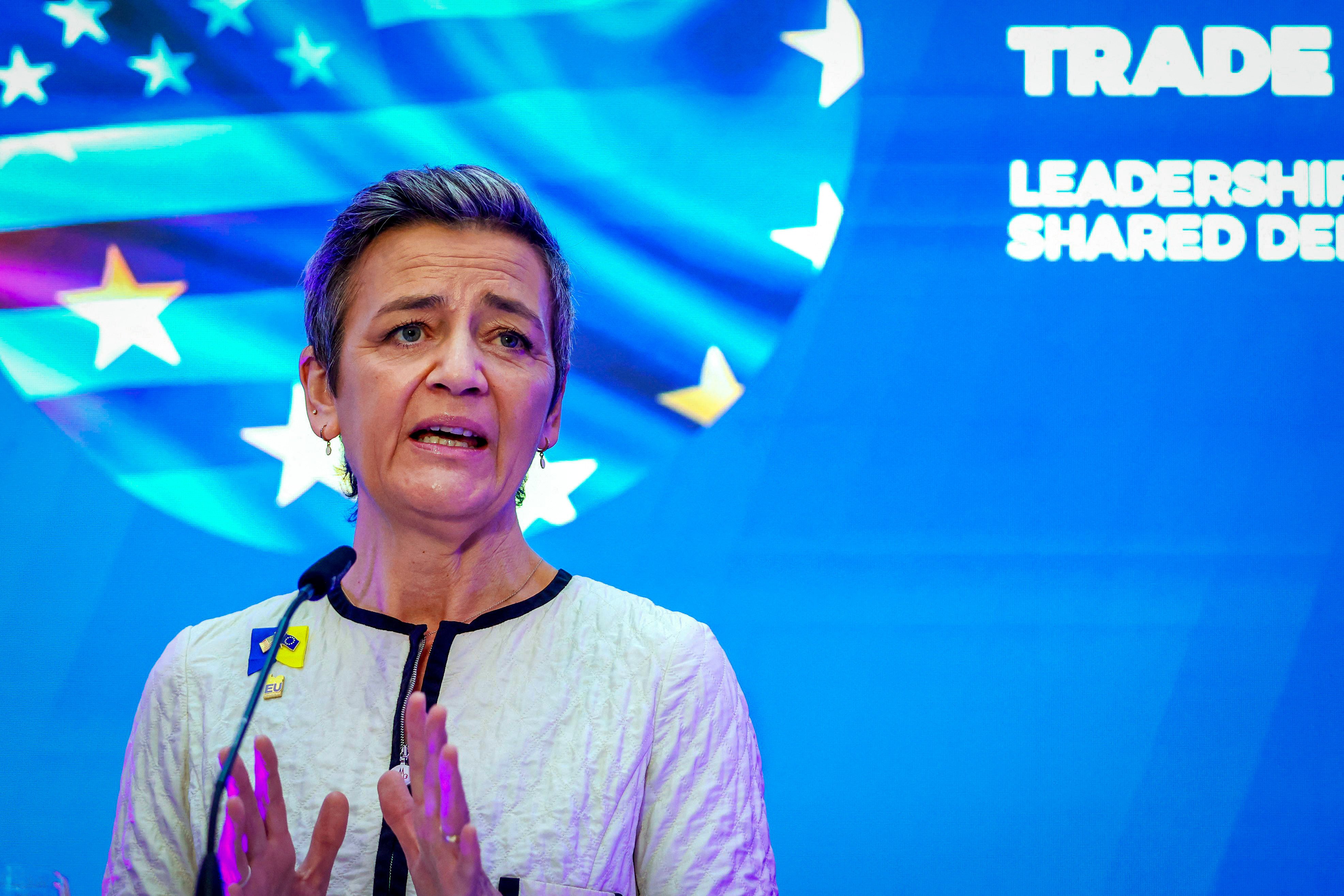 EU competition chief Margrethe Vestager speaks during a meeting of the EU-US Trade and Technology Council in Leuven, Belgium on Friday. Photo: AFP