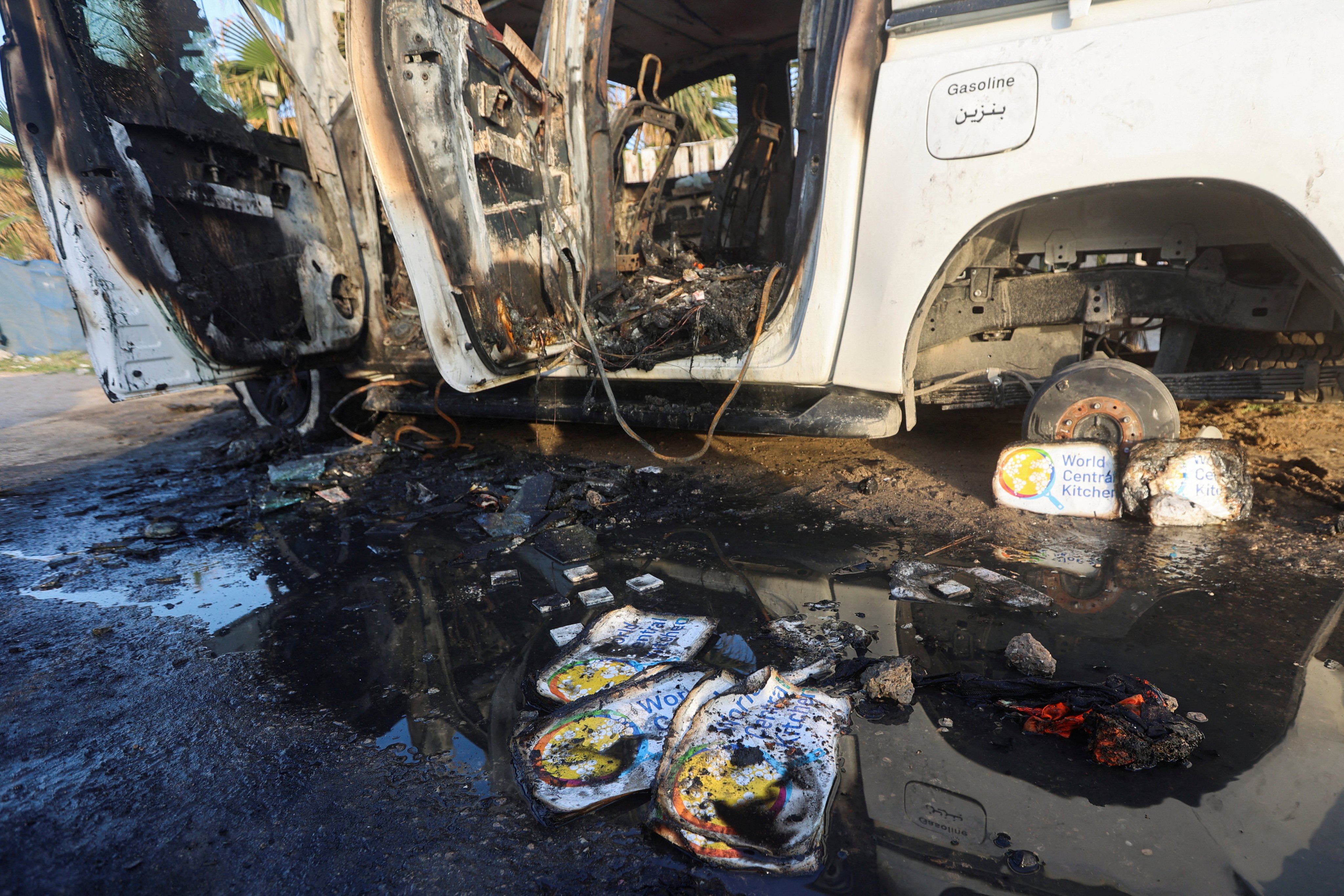 A view of the vehicle where employees from the World Central Kitchen were killed in an Israeli airstrike. The drone team who killed the aid workers made an “operational misjudgment of the situation” after spotting a suspected Hamas gunman shooting from the top of one of the aid trucks they were escorting. Photo: Reuters