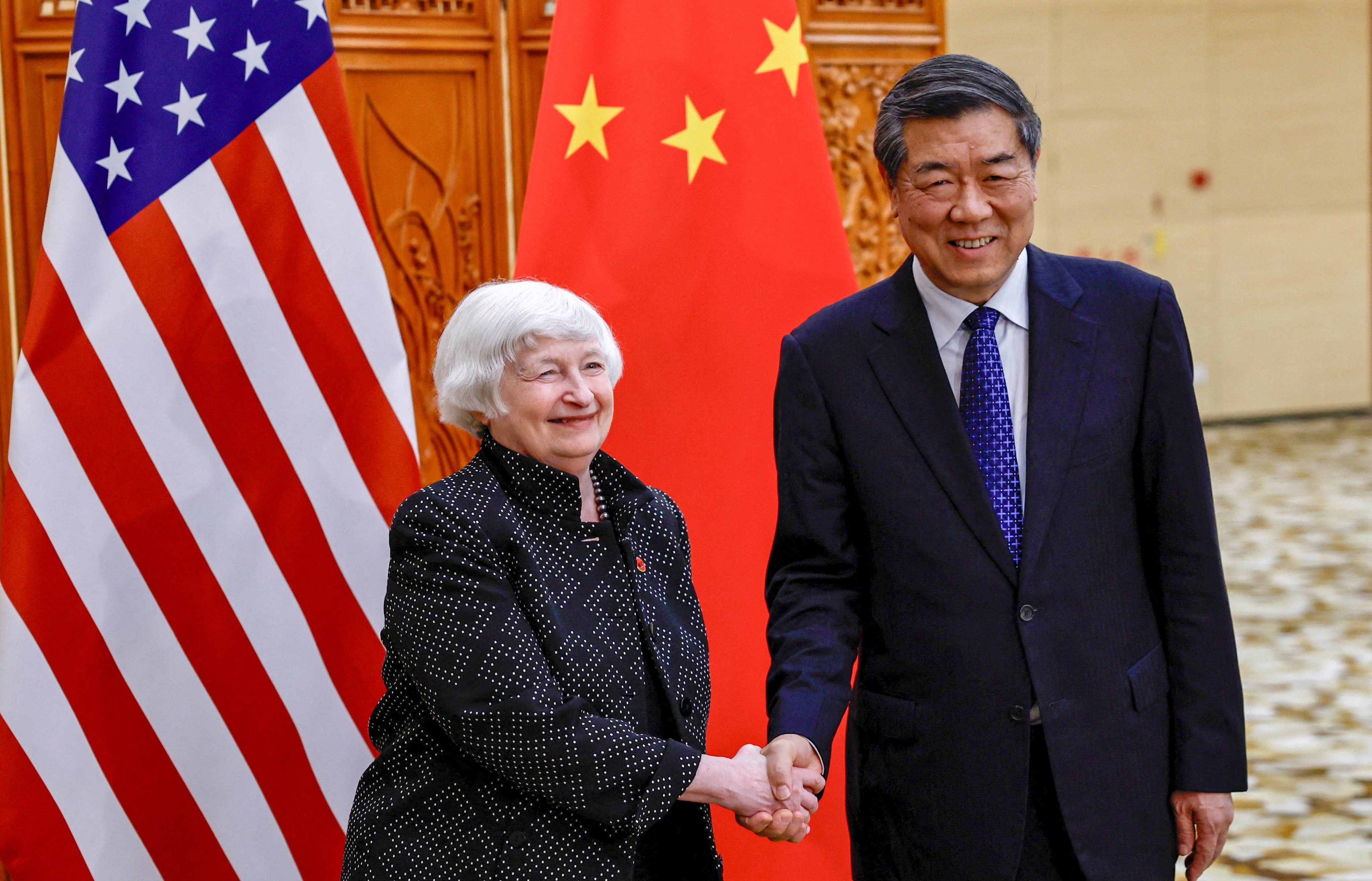 US Treasury Secretary Janet Yellen and Chinese Vice-Premier He Lifeng ahead of their meeting in Guangzhou on Friday. Photo: Reuters 