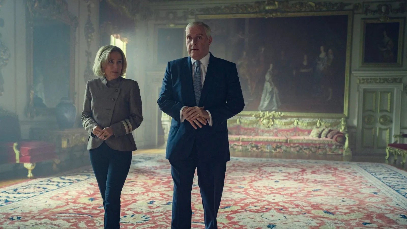 Gillian Anderson (left) as BBC journalist Emily Maitlis in a still from Scoop, a Netflix dramatisation of her 2019 interview with Britain’s Prince Andrew (played by Rufus Sewell) about allegations against him of sexual misconduct involving American Jeffrey Epstein. Photo: Netflix