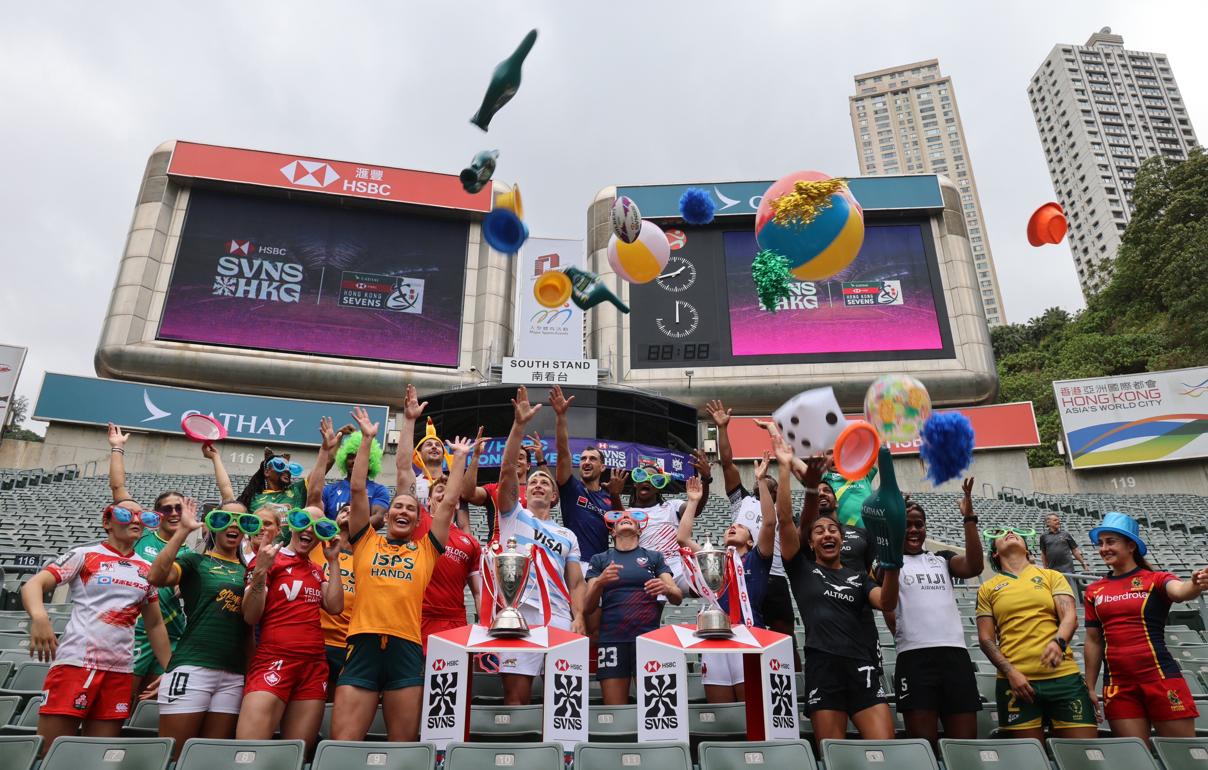 A photoshoot of the captains of the participating teams in Hong Kong Sevens rugby tournament at the Hong Kong Stadium on April 3, 2024. Photo: Dickson Lee. 
