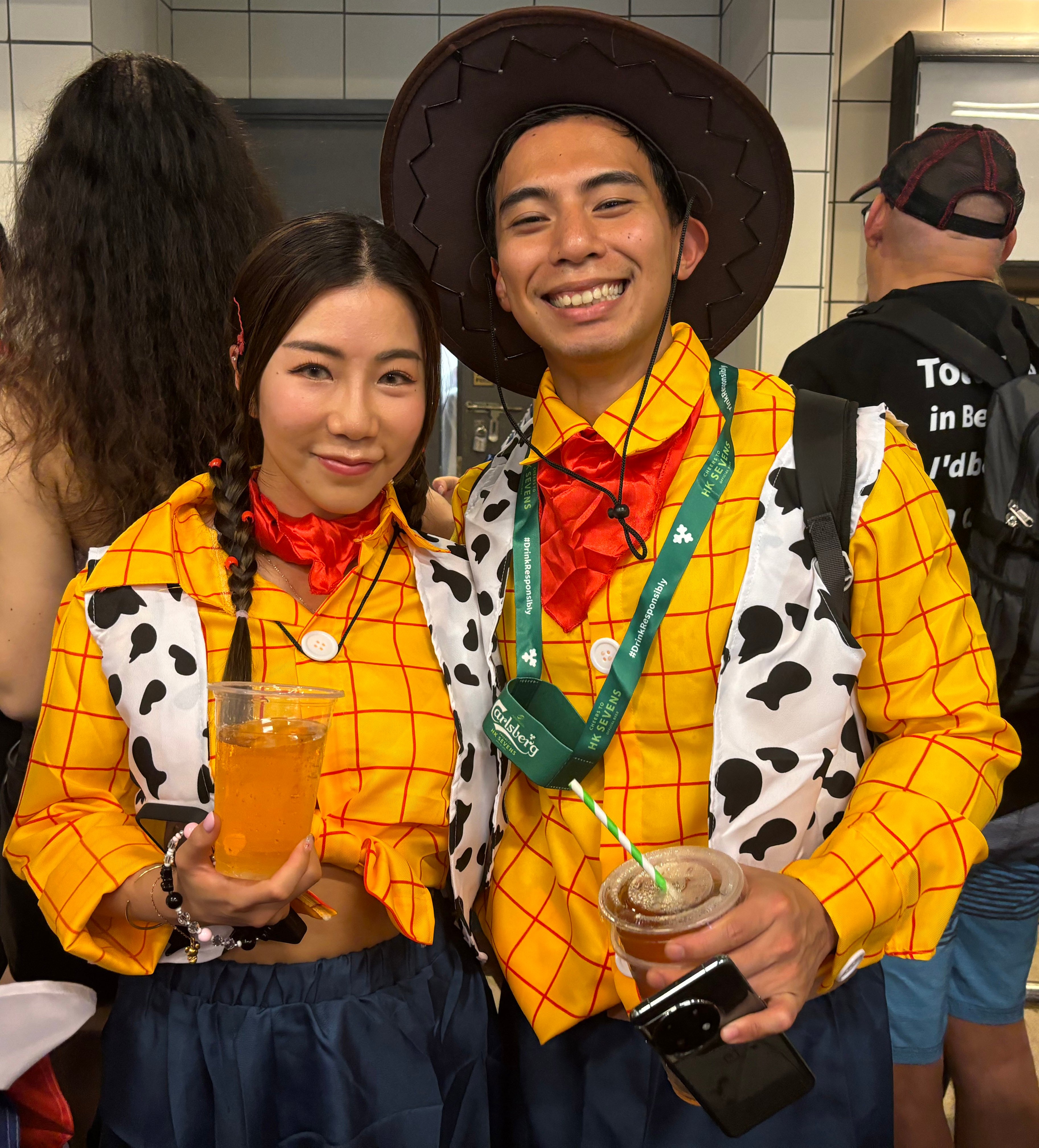 Chloe Hon and Tony Chen both dressed up as Woody from the hit film Toy Story for the Hong Kong Sevens on Saturday. Photo: Connor Mycroft