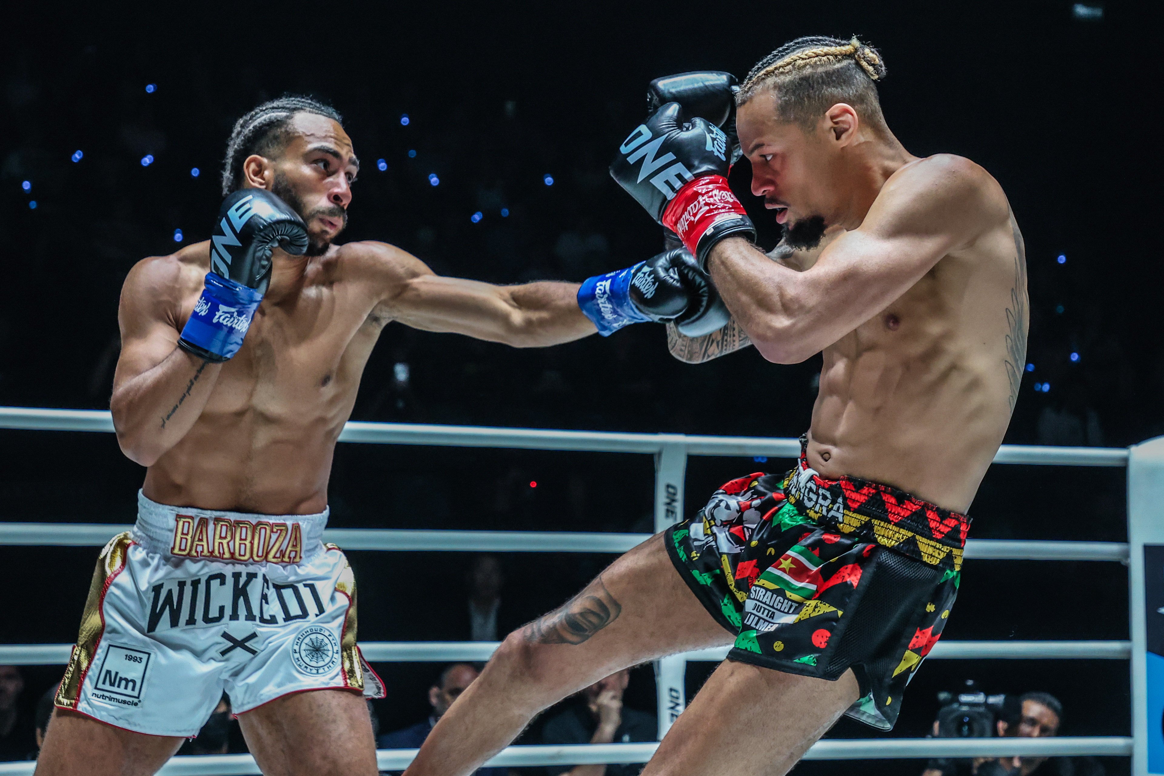 Alexis Nicolas throws a punch at Robin Eersel during their lightweight kickboxing title bout at ONE Fight Night 21. Photo: ONE Championship
